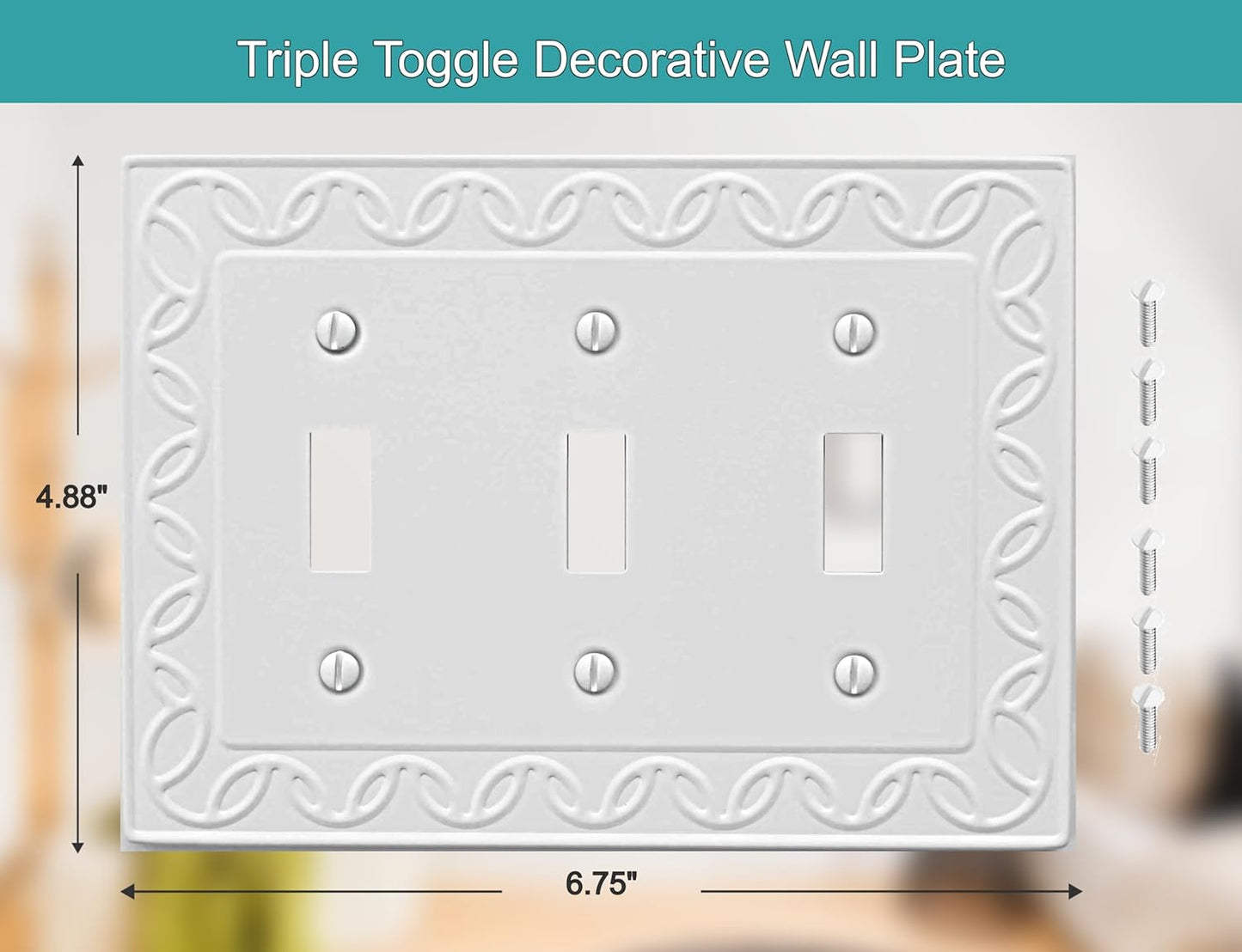 Triple Toggle Light Switch Cover NovaBloom Metal Wall Plate, 2-Pack White 3 Gang, Light Switch Cover Decorative Wallplate, Durable