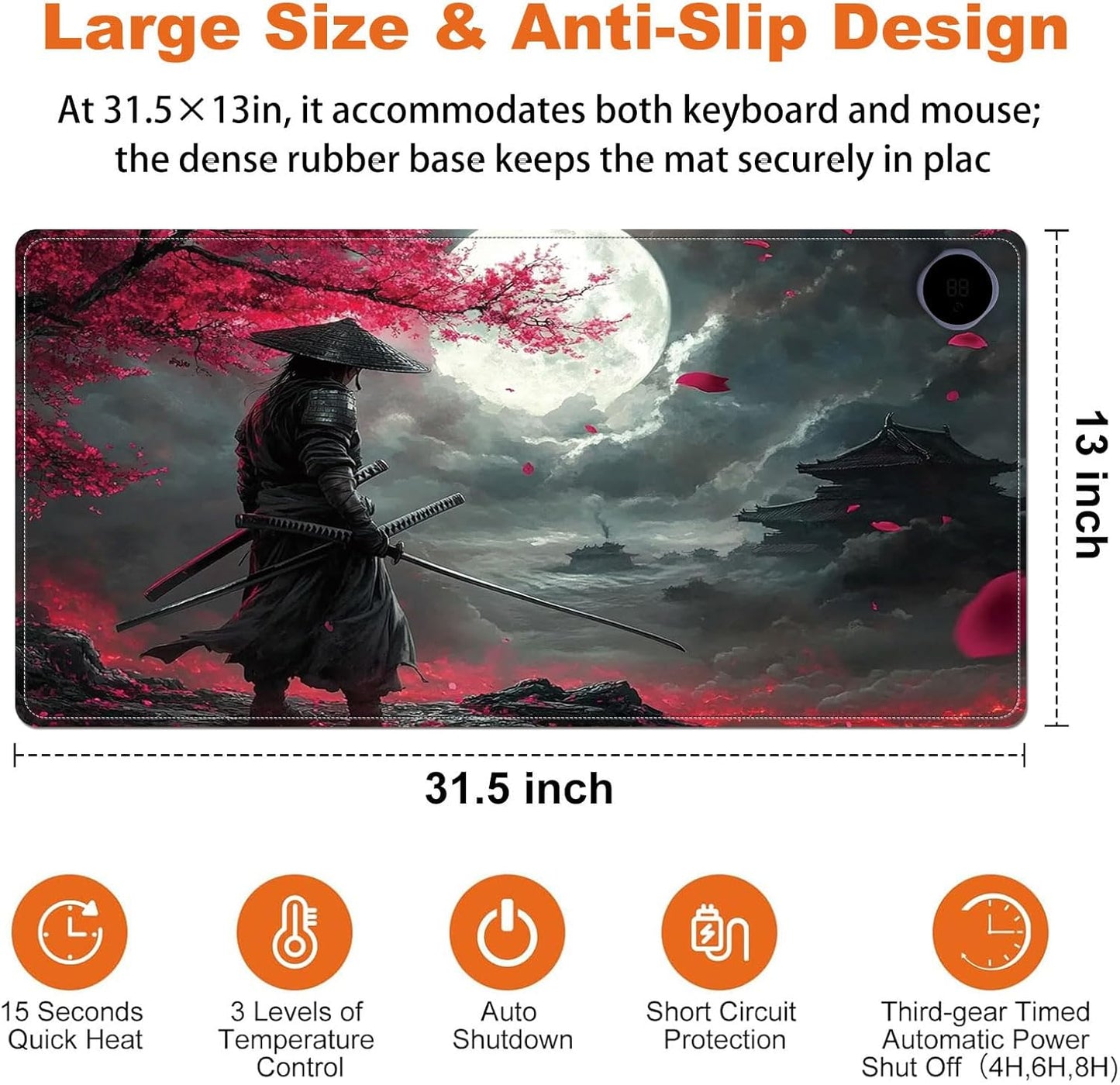 Heated Mouse Pad for Desk 31.5" x 13" – PU Leather Warm Desk Pad with 3 Heat Levels (104°F/113°F/122°F), Plug-in Electric Heating Mat with Auto Shut-Off, Waterproof & Rollable, Samurai