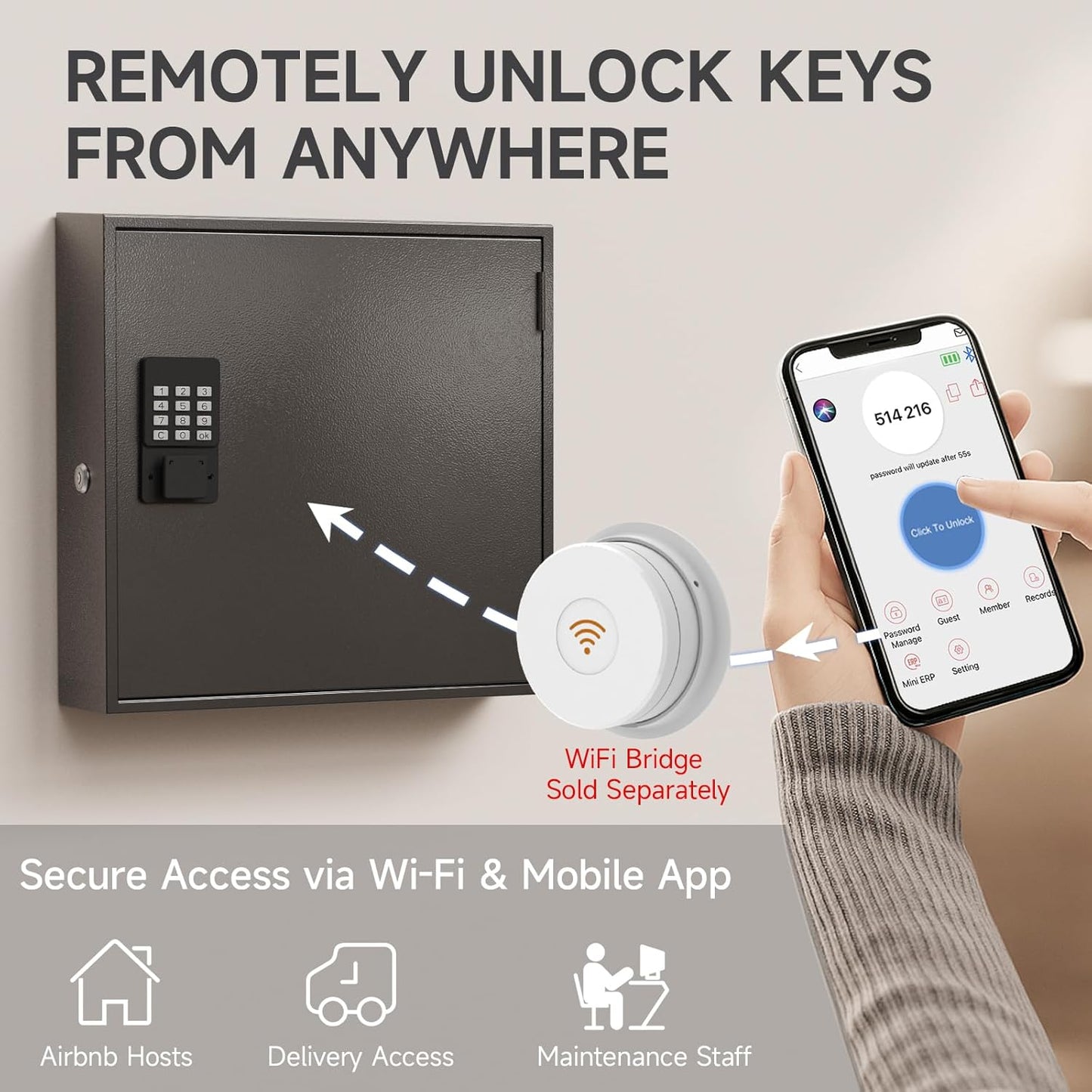 WeHere Smart Key Lock Box, Wall Mounted Key Cabinet with 120 Key Tags, Bluetooth App Control, OTP & Password Unlock, Wi-Fi Remote Unlock (Bridge Required), Steel Key Safe for Office Home Business