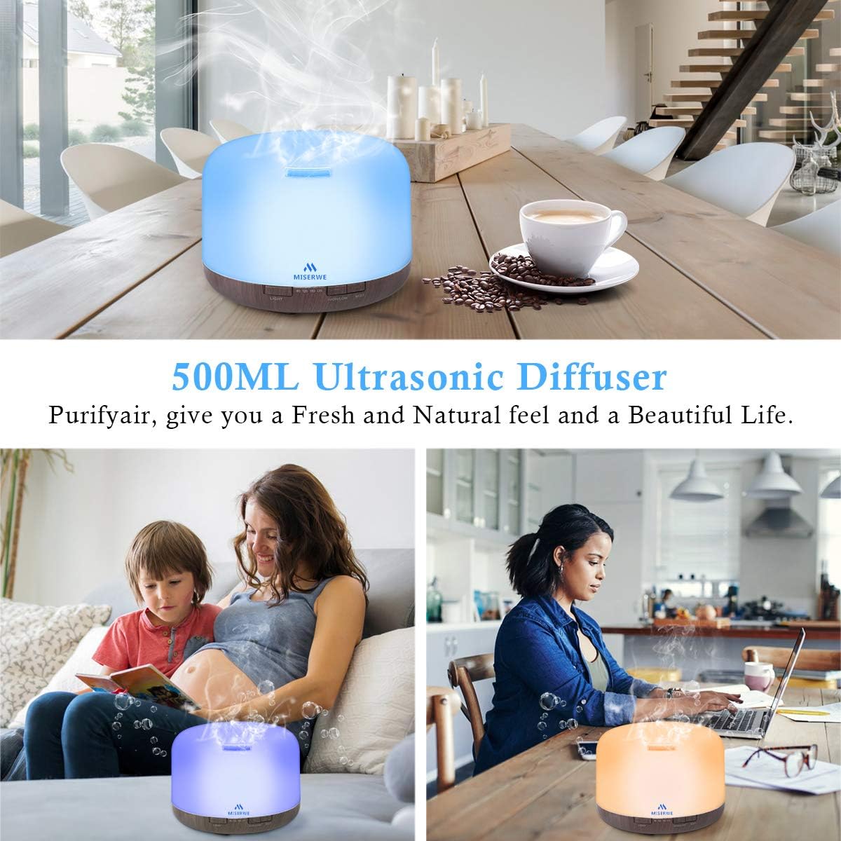 Miserwe Diffuser 500ML Essential Oil Diffuser with Adjustable Mist Mode and 4 Timer Setting Diffuser for Essential Oils Waterless Auto Shut-Off for Home Office Yoga Spa