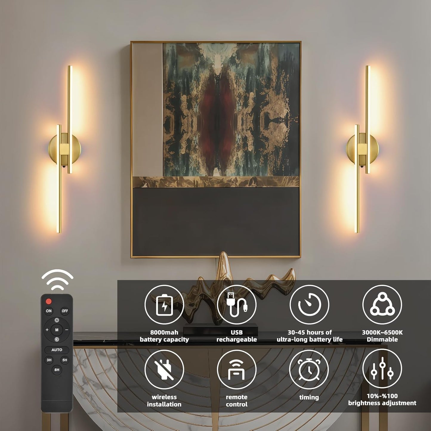 Battery Operated Wall Sconce Set of 2,Gold 23.6" 3000K-6500K LED Dimmable Wall Sconces with Remote Control,Wireless Wall Light USB Rechargeable for Bedroom Hallway Living Room Background Wall Lighting
