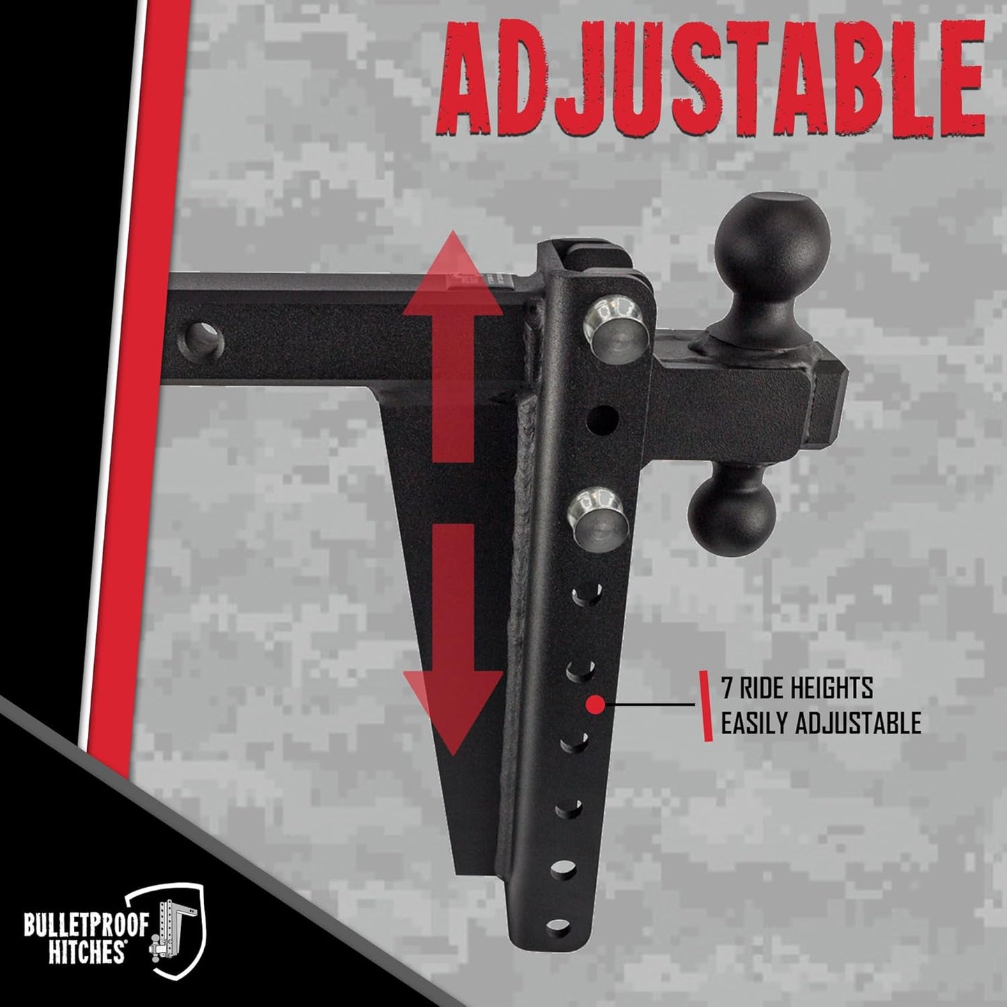 BulletProof Hitches - 2.0" Adjustable Heavy Duty Trailer Hitch (22,000 lb. Rating) - 12" Drop/Rise Trailer Hitch with 2" & 2-5/16" Dual Ball - Powder Coat, Solid Steel, Corrosion-Resistant