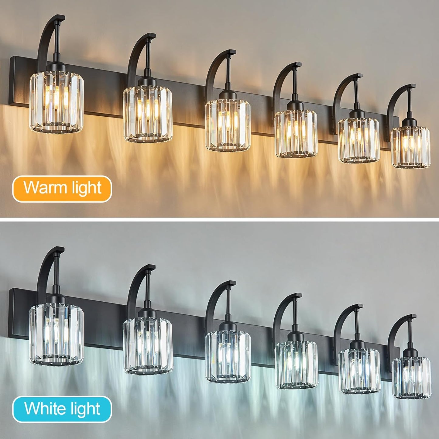 6-Light Crystal Vanity Light, Black Modern Wall Sconce with K9 Crystal Shades, 51.18" Long Over Mirror Lighting for Bathroom, Makeup, Hallway, Elegant & Easy Install