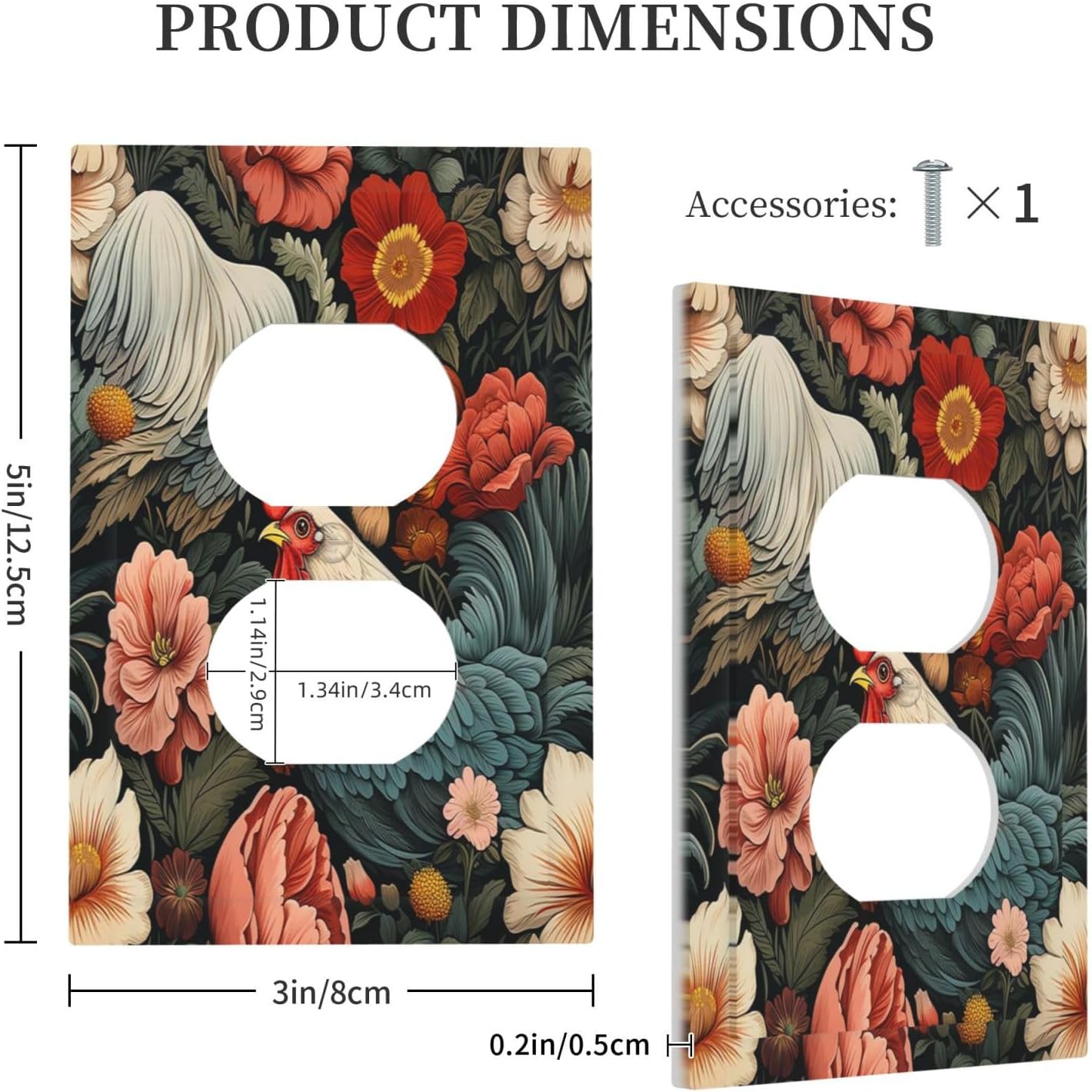 Outlet Covers Rooster Flowers Red White Chicken Floral 1 Gang Duplex Wall Plate Decorative Switch Plates Electrical Receptacle Faceplate Light Switch Cover for living Room Farmhouse Decor
