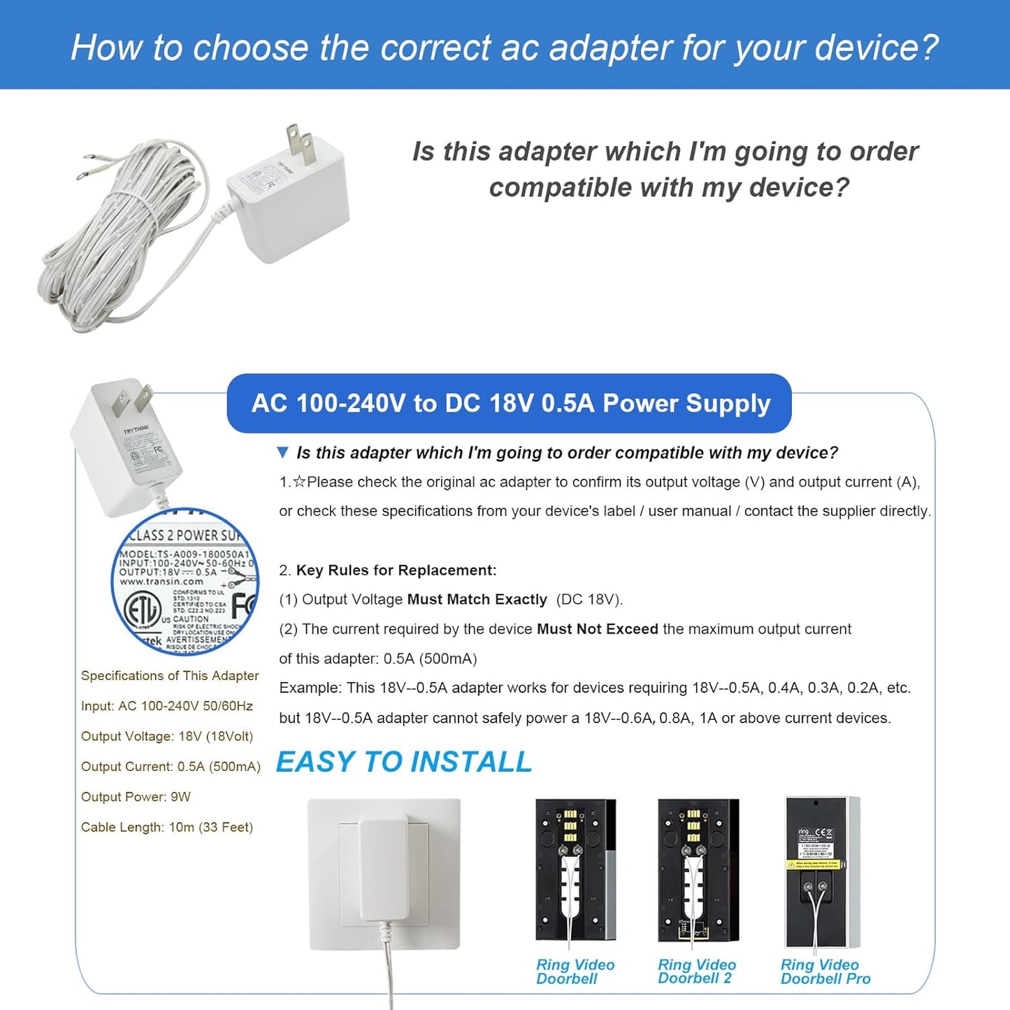 18V 500mA Doorbell Adapter 33 Feet Extra Long Cable ETL Certification Video Doorbell Power Adapter Compatible with Ring Video Doorbell, Video Doorbell 2, Video Doorbell Pro