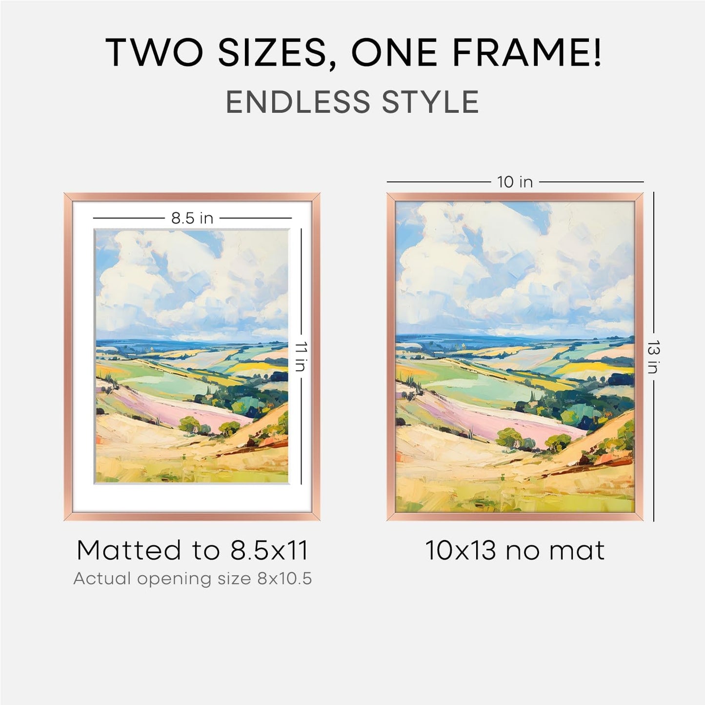 Homeforia 10x13 Picture Frame Rose Gold, High End Metal 10x13 Wall Hanging Frame with Mat 8.5x11, 10 x 13 Poster Frames Matted to 8.5 x 11 inch Photo, 10by13 Frames, Tempered Glass, Wall Kit, Set of 1
