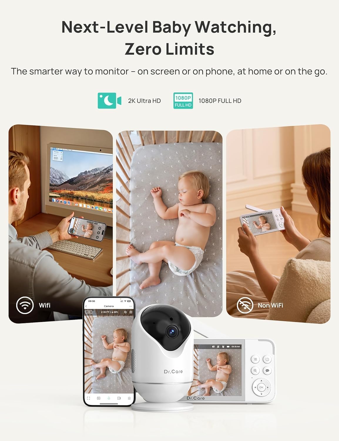 Dr.Care VistaView 5” Smart WiFi Baby Monitor with 2 Camaras - 2K Camera App Control & 1080P Split Screen, Cry & Motion Detection, Pan-Tilt-Zoom, HD Night Vision, Video Recording, Triple Security