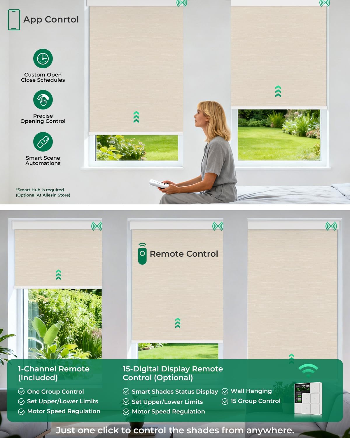 Allesin Motorized Roller Blinds – Rechargeable Smart Shades with Remote & Quiet Motor, Top/Bottom Aluminum Rails, Alexa-Compatible for Window (Custom Size, 100% Blackout Wheat-Jacquard)
