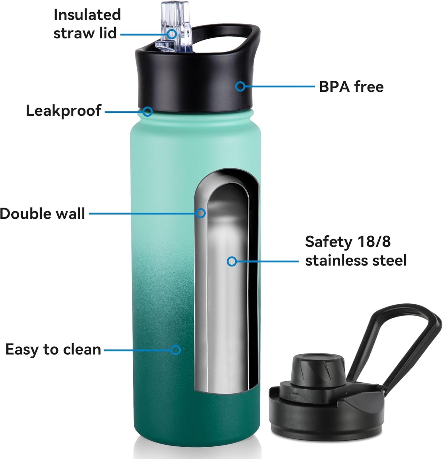 16 oz Insulated Water Bottle with Straw Lids, Stainless Steel Kids Water Bottles for School, Double Wall Vacuum Metal Water Bottle with Straw & Wide Mouth Lid, Gradient Green 4 Pack