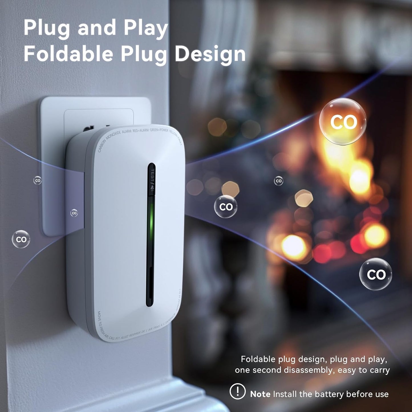 2 Packs Carbon Monoxide Detectors Plug in, 10-Year Battery Powered CO Detector with Breathing Light, Portable Traval Carbon Monoxide Alarm for Home/Office/RV