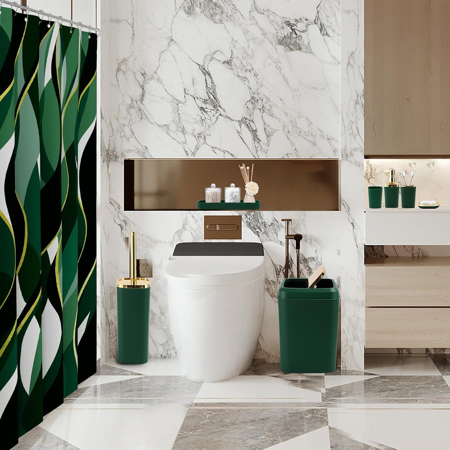 Green Bathroom Set, Bathroom Sets with Stripe Shower Curtain, Green and Gold Bathroom Accessories with Trash Can, Soap Dispenser, Soap Dish, Toilet Brush Holder, Qtip Holders for Bathroom