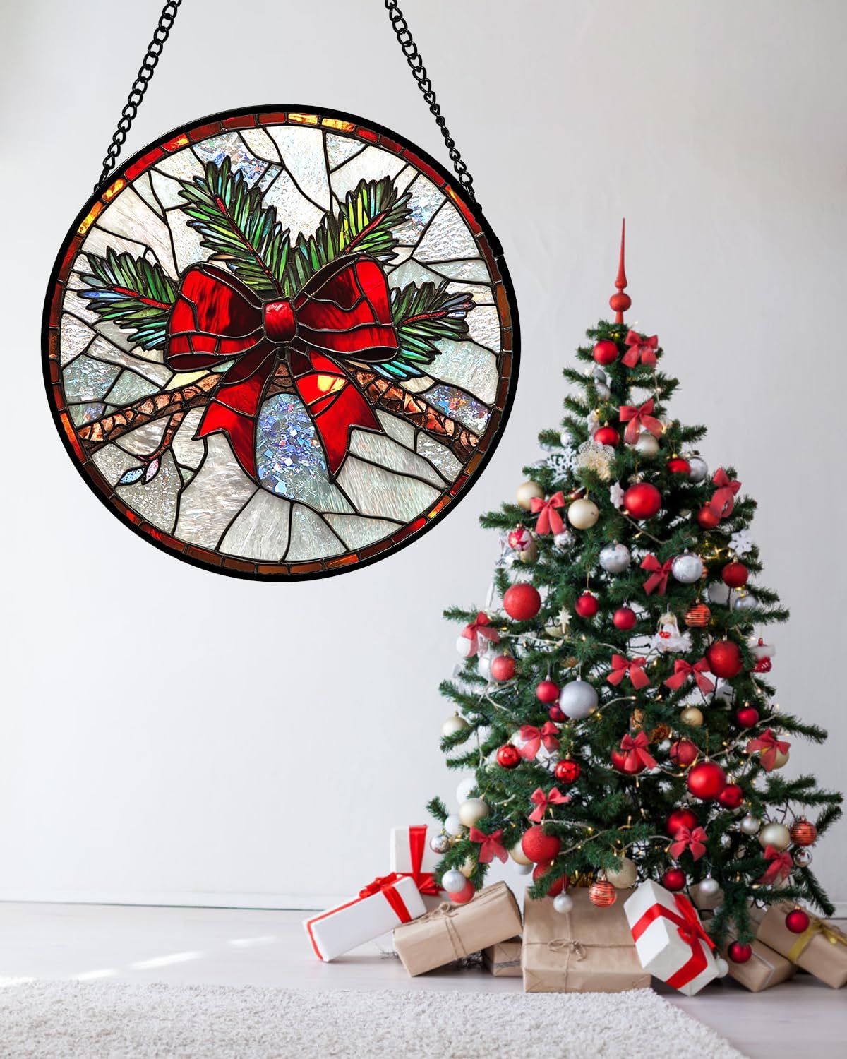 Stained Glass Window Hanging - Pine Branches Red Bow Suncatcher for Doors Home Christmas Decoration Silver Sun Catcher Thanksgiving New Year Birthday Gifts for Women Men Mom Nana 7.8 in
