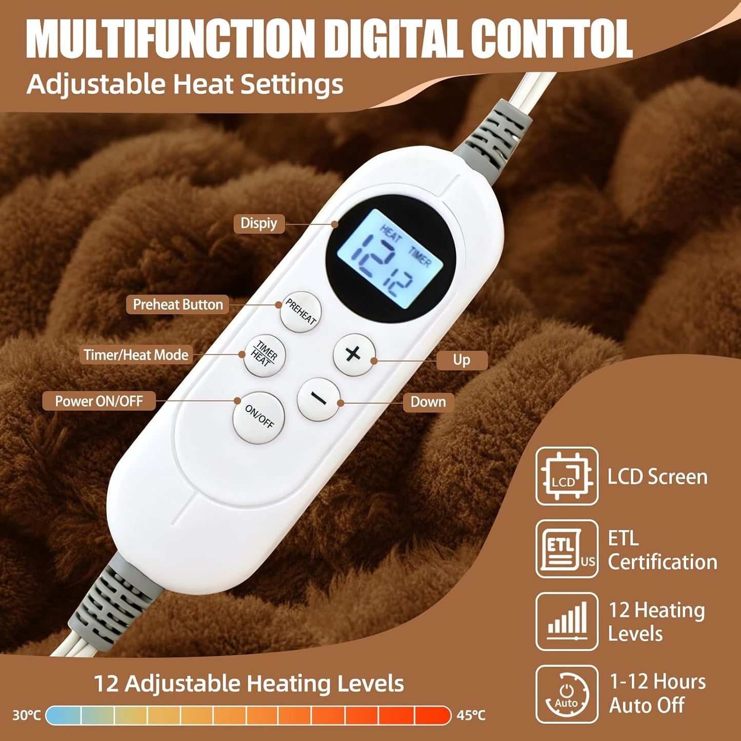 Electric Blanket 50" x 60" Soft Ribbed Faux Fur Flannel Quick Heat 12 Heat Levels 1-12 Hour Timer & Overheat Protection & Auto Shut Off & ETL FCC (Brown, Throw 50" x 60")
