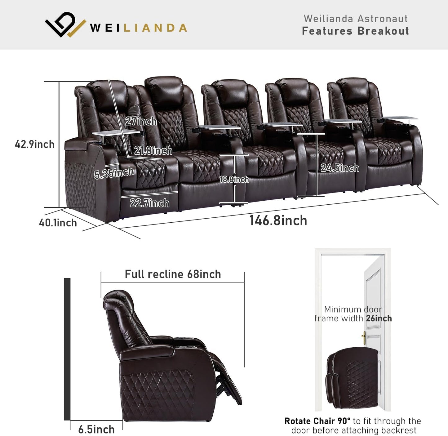 Weilianda Home Theater Seating Top Grain Leather Zero Gravity Recliner Chair Power Headrest Recline Movie Seat Gaming 7 Colors Mood Light Sofa with Tray Table USB Charge Row of 5 Loveseat Left Brown
