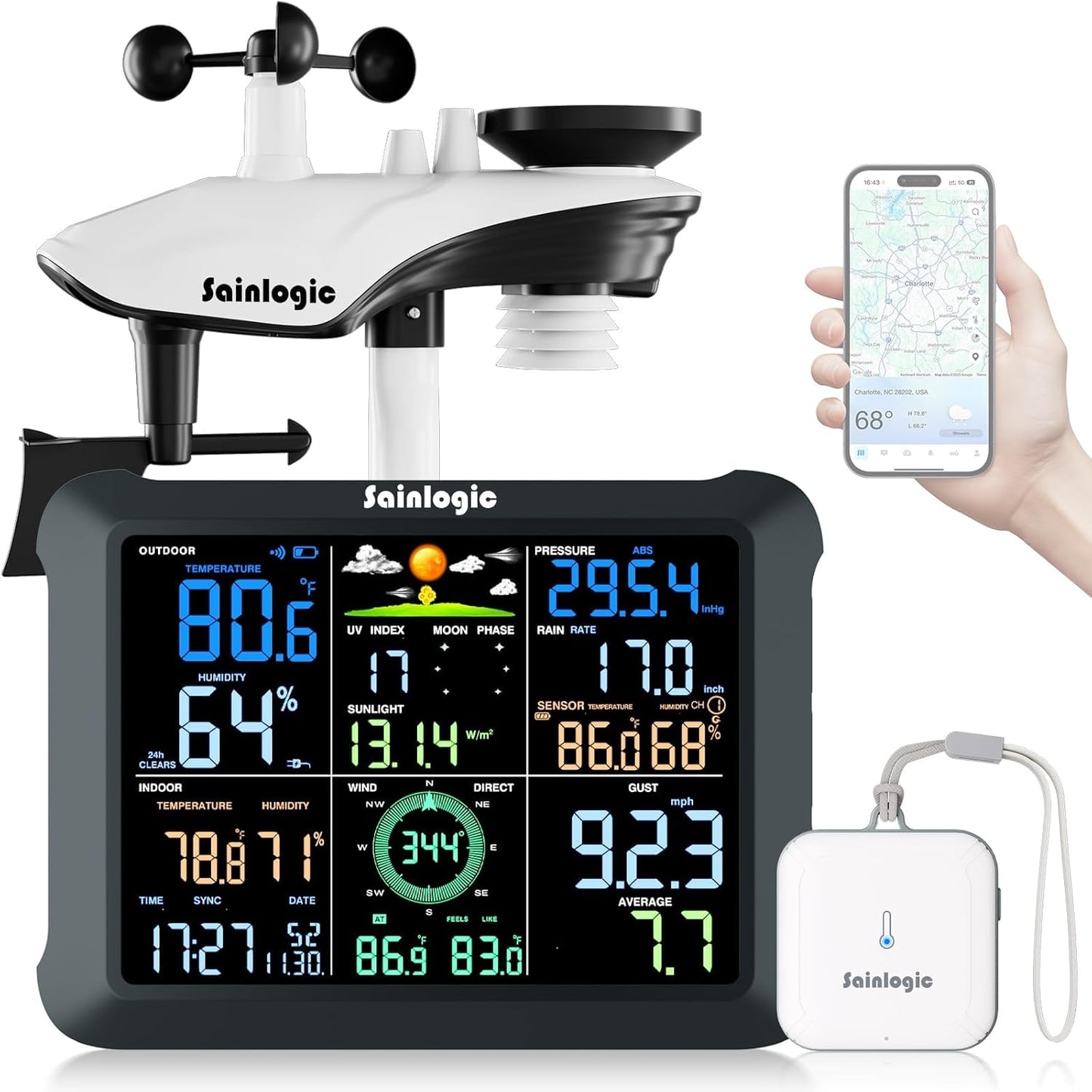 Sainlogic SA9 Plus Smart WiFi Weather Stations Wireless Indoor Outdoor Sensor 24/7 Weather Forecast by Weatherseed® AI,Wind Speed and Rain Gauge Outdoor,UV,Alerts & 2-Year Data Export