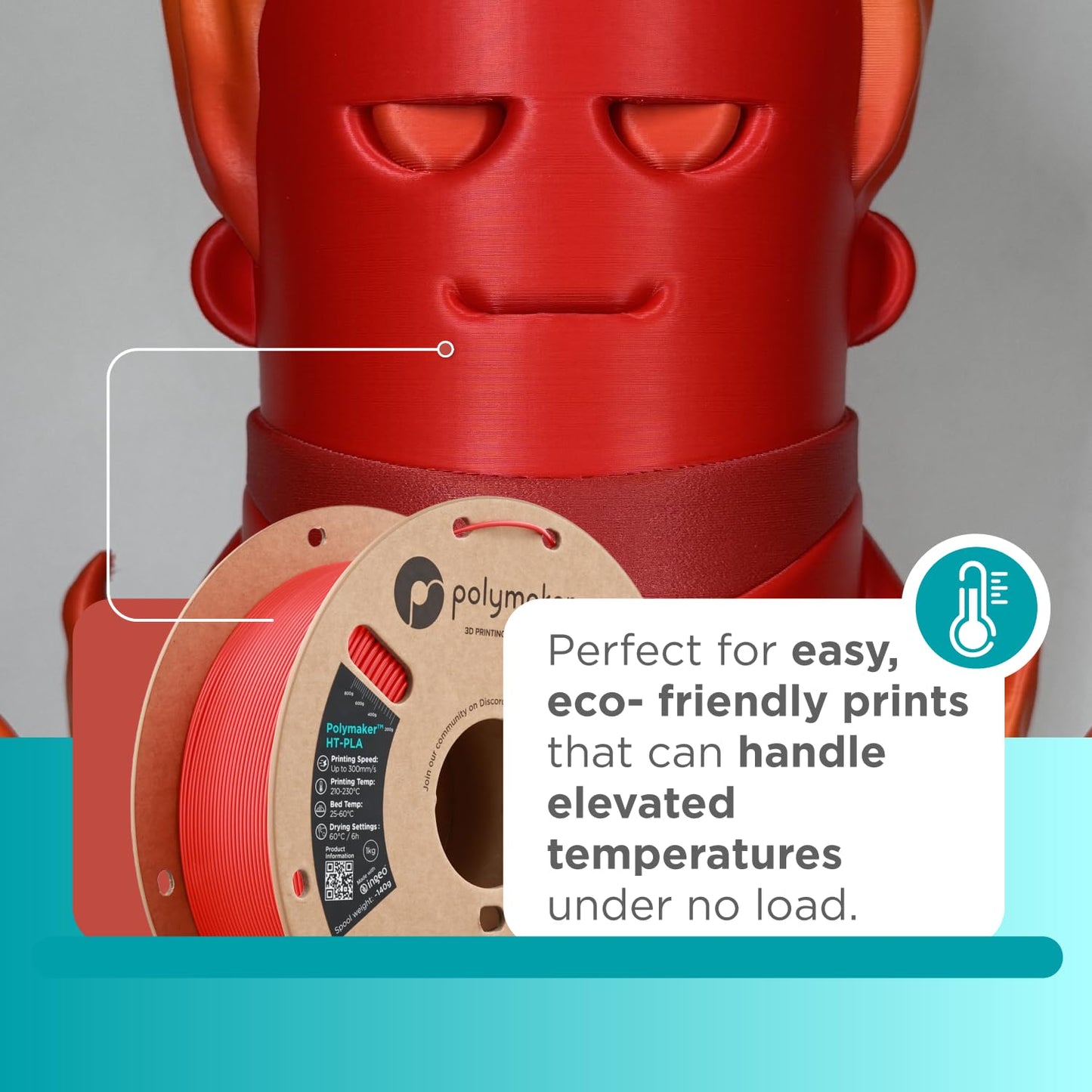 Polymaker HT-PLA Filament 1.75mm Red, High Temp PLA for 3D Printing, Heat Stable Up to 150°C, Easy to Print, Works with Most FDM Printers, 1kg Spool