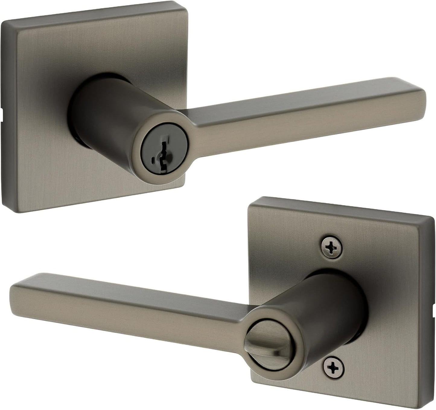 Kwikset Halifax Entry Door Handle with Lock and Key, Square Secure Keyed Reversible Lever Exterior, Doorlock, for Front Entrance and Bedrooms, Gunmetal, Pick Resistant Smartkey Rekey Security