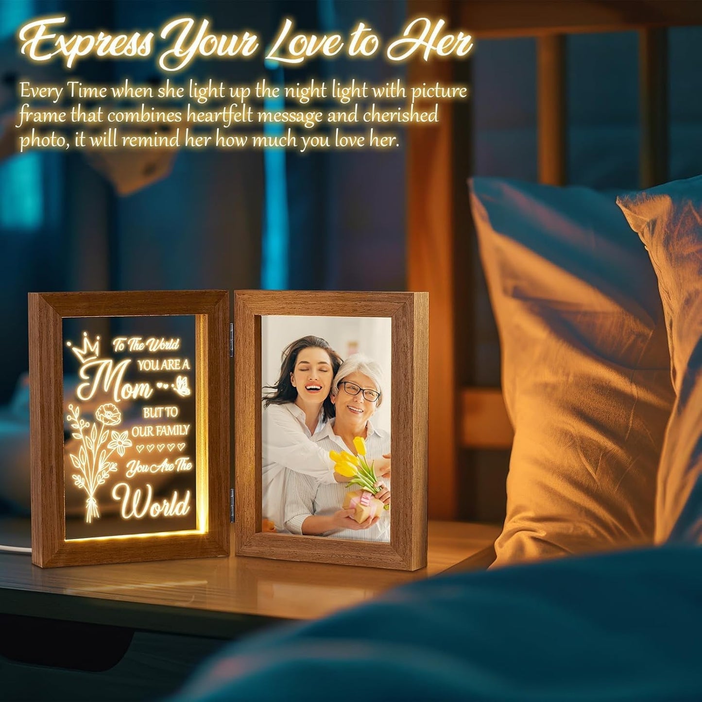 Tiblue Christmas Gifts for Mom from Daughter Son Best Mom Gifts Unique, Engraved Night Light with Mother Picture Frame 5x7, Solid Wood New Mama Mothers Day Gift for Mother-in Law Wife