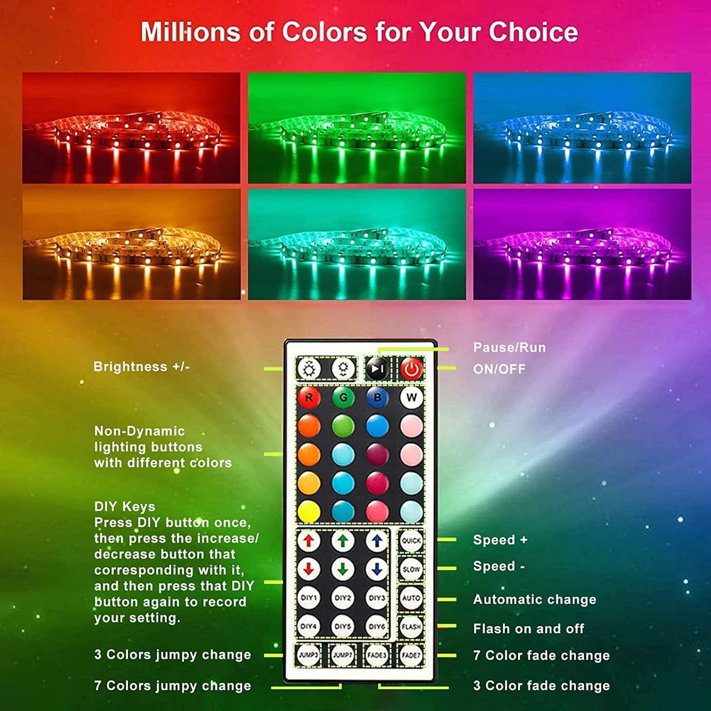 CHARKEE LED Strip Lights 130ft (2 Rolls of 65.6ft) Ultra Long RGB Color Changing LED Light Strips Kit with 44Keys Remote for Bedroom, Kitchen, Home Decor, Room, Dorm Room, DIY Mode