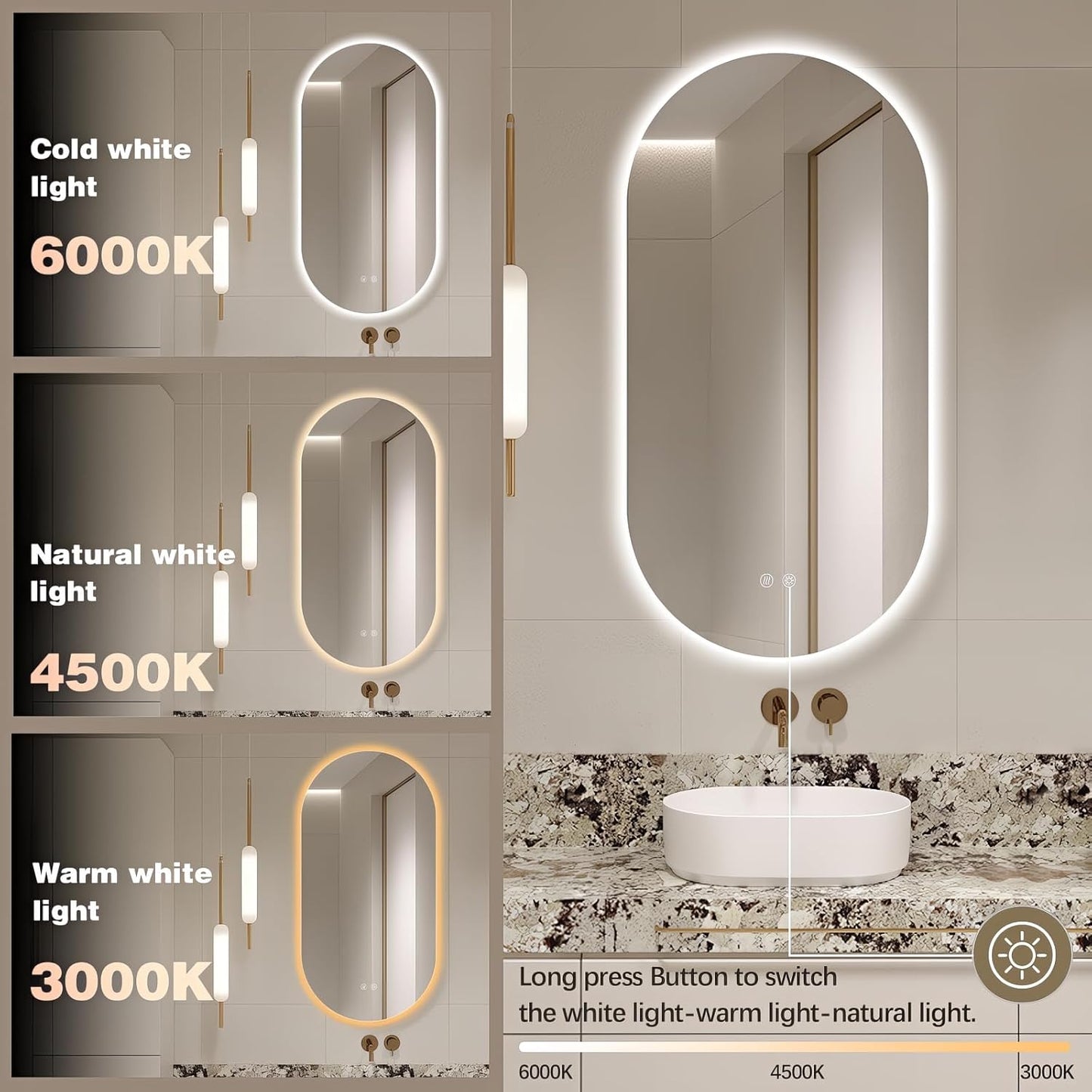 48"x24" Oval Led Mirror for Bathroom, Frameless Vanity Mirror with Lights, Modern Lighted Bathroom Mirror Wall Mounted, Anti Fog Smart Mirror with 3 Colors Dimmable, Vertical/Horizontal