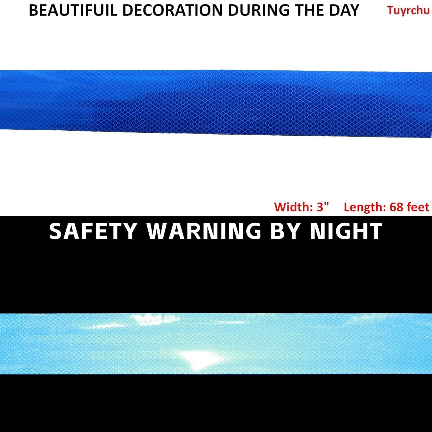 Non Fading Reflective Tape Blue 3 inch, Outdoor Waterproof High Visibility Warning Industrial Marking Tape, Safety Stickers (68 feet)