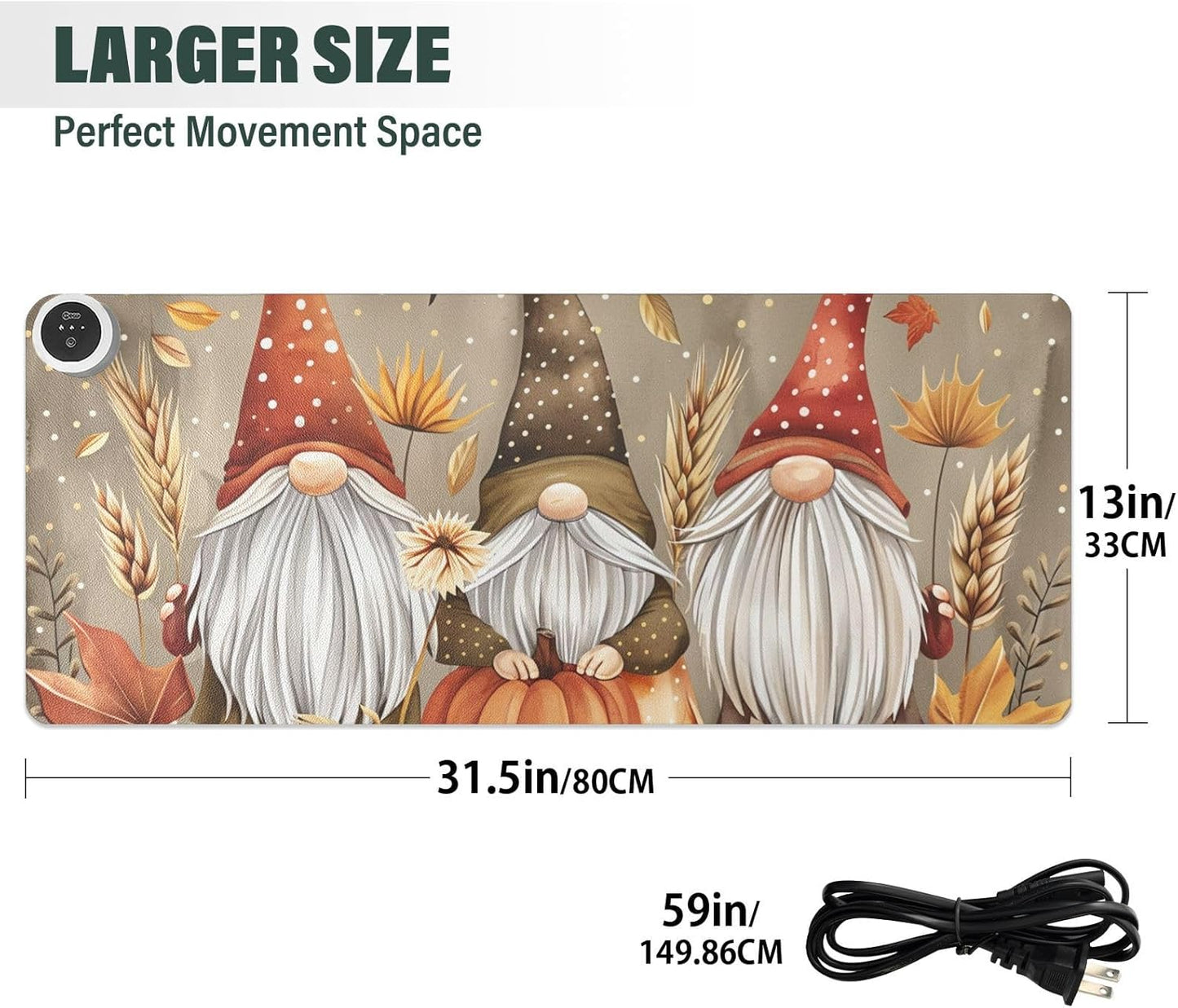 Heated Desk Pad Mouse Pad 31.5x13 Inch PU Leather Desk Mat with 3 Heat Levels Large Mouse Gaming Computer Laptop Mat Pumpkin Gnomes Maple Leaf