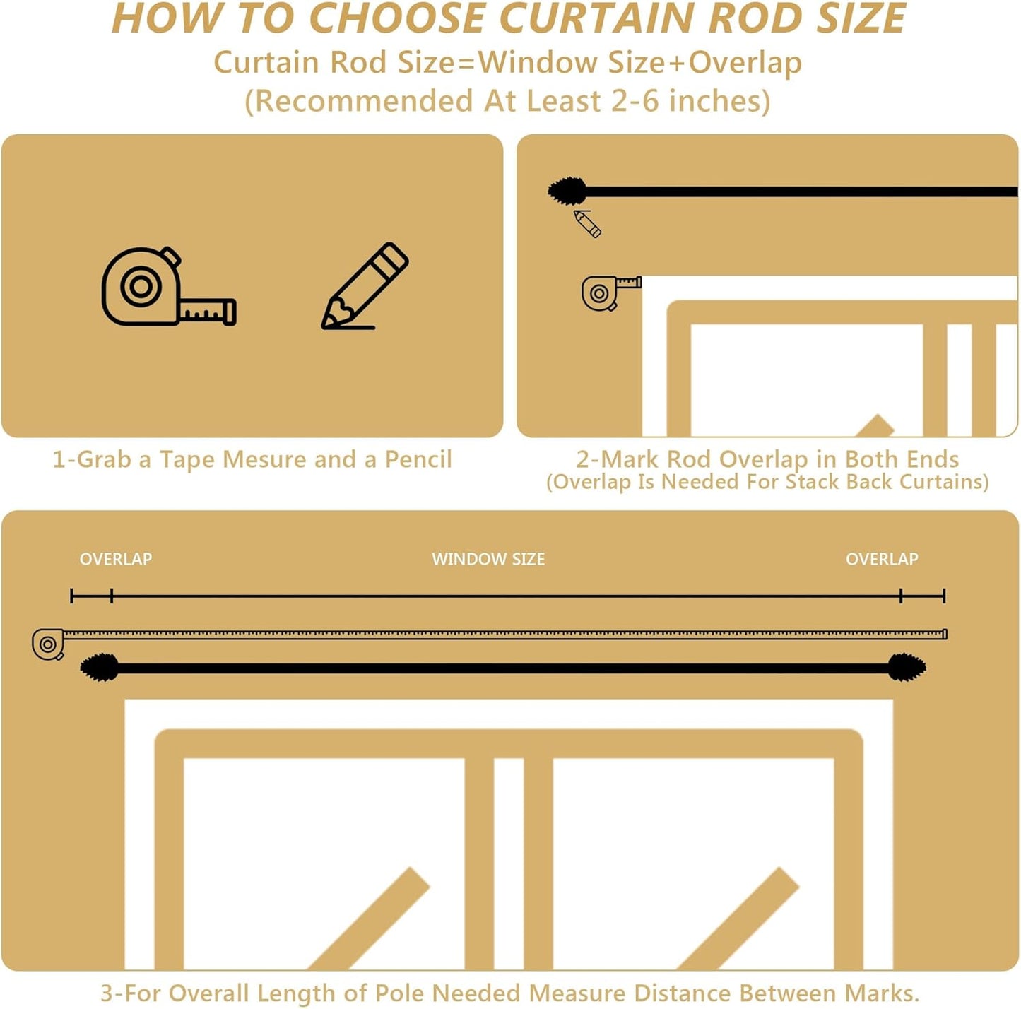 Gold Curtain Rods for Windows 66 to 120 Inches, 1 Inch Diameter Heavy Duty Single Curtain Rod, Adjustable Window Curtain Rod Drapery Rod with Decorative Finials