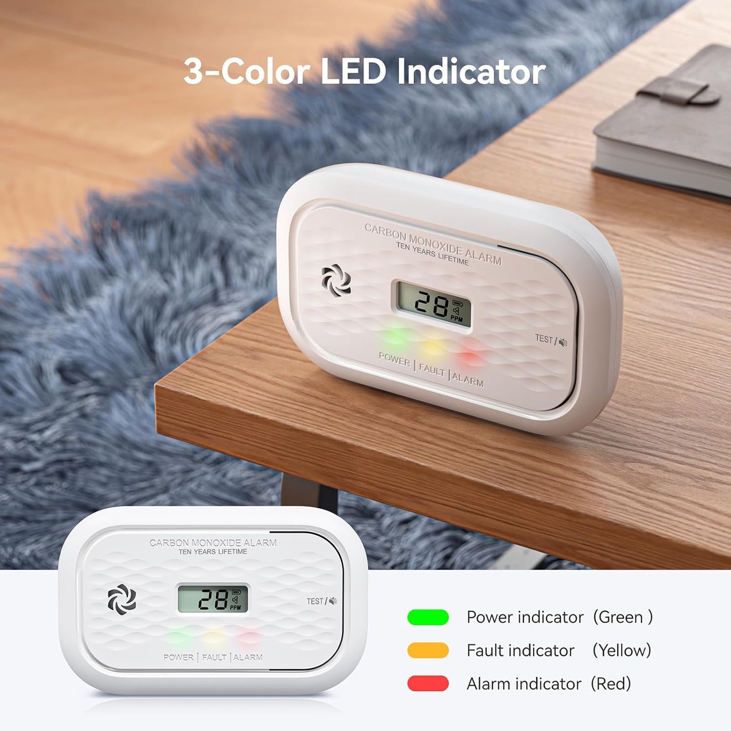 4 Packs Carbon Monoxide Detectors,10 Year Battery Carbon Monoxide Alarm, CO Detector with LCD Display, 3 LED Lights CO Alarm for Home