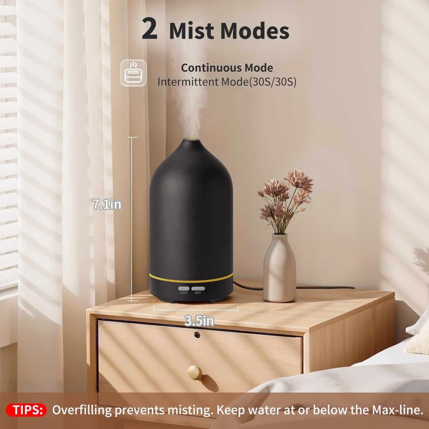 URPOWER 120ML Essential Oil Diffuser, Ultrasonic Aromatherapy Diffuser with Sleek Black Ceramic Design, 7-Color LED Lights, Auto Shut-Off, Humidifier for Home & Office, Scent Diffuser for Relaxation