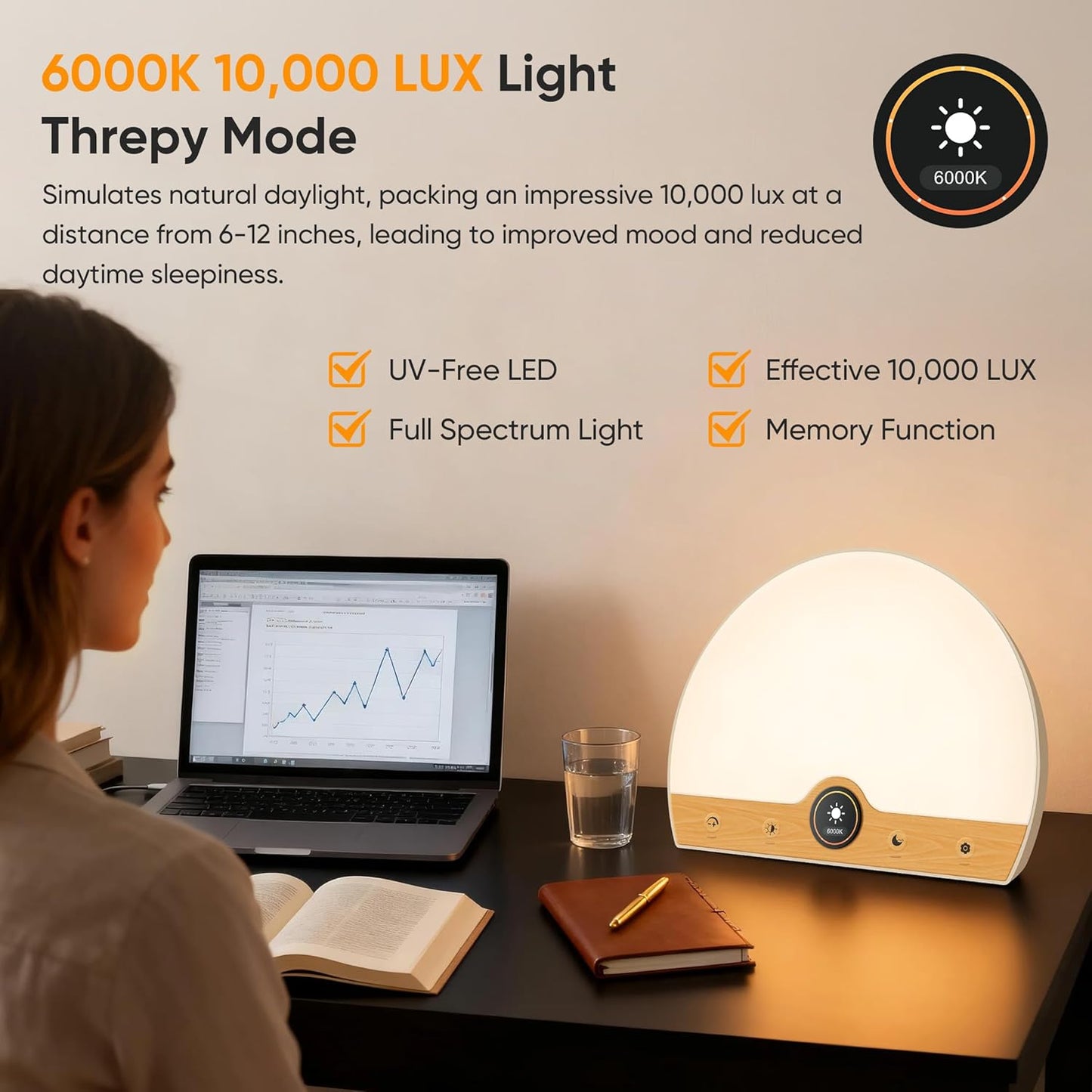 Light Therapy Lamp and Sunrise Alarm Clock 2-in-1, 10000 Lux Happy Therapy Light with Wake Up Alarm Clock, 3 Color Temperature and 5 Brightness Level