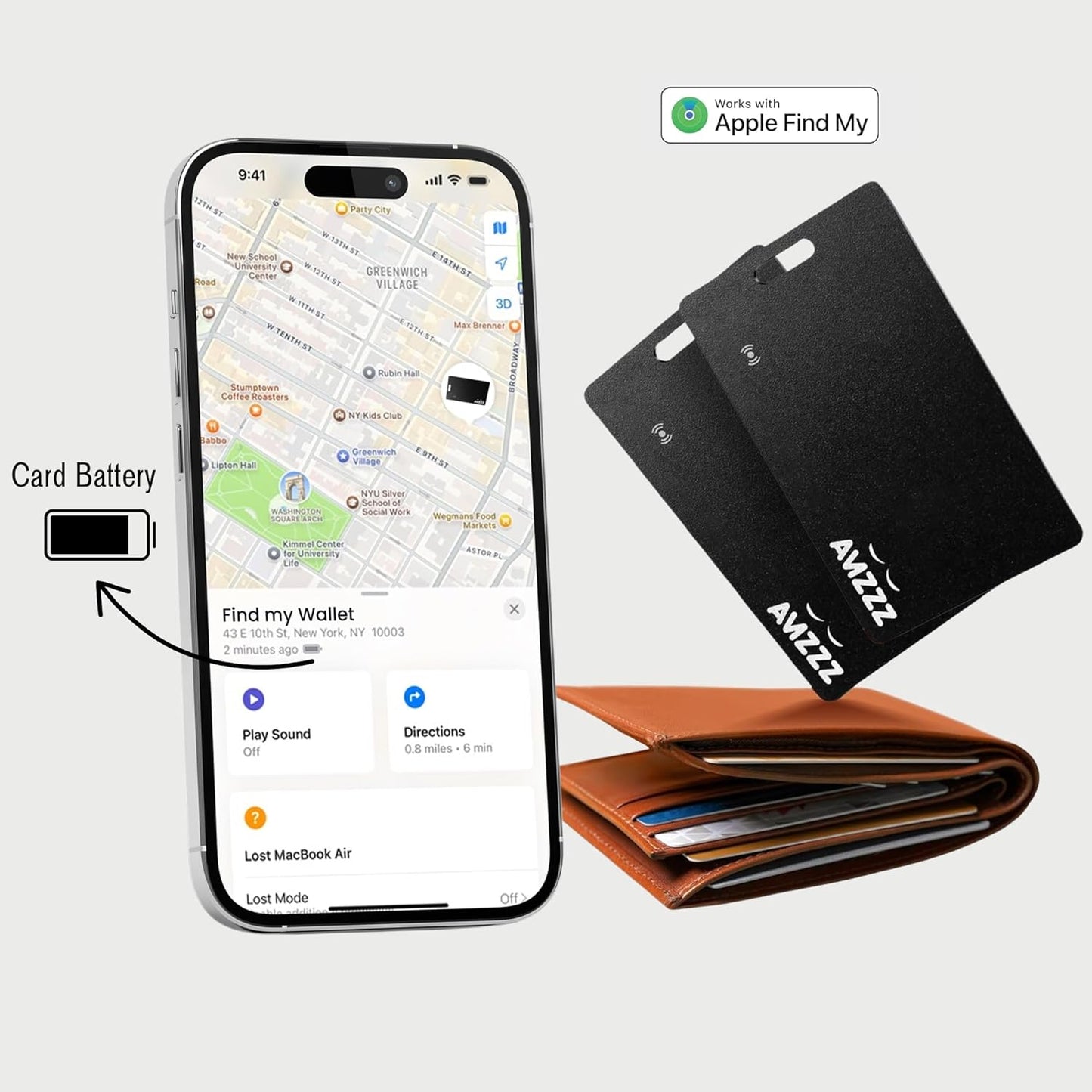 Pack of 2 Apple MFI Certified Airtag Tracker Card for Apple Find My, Rechargeable Card, Only 0.07in, Finder, Tracking Card with Keychain Hole, Item Locator for for Wallet, Keys, Bags, Gift