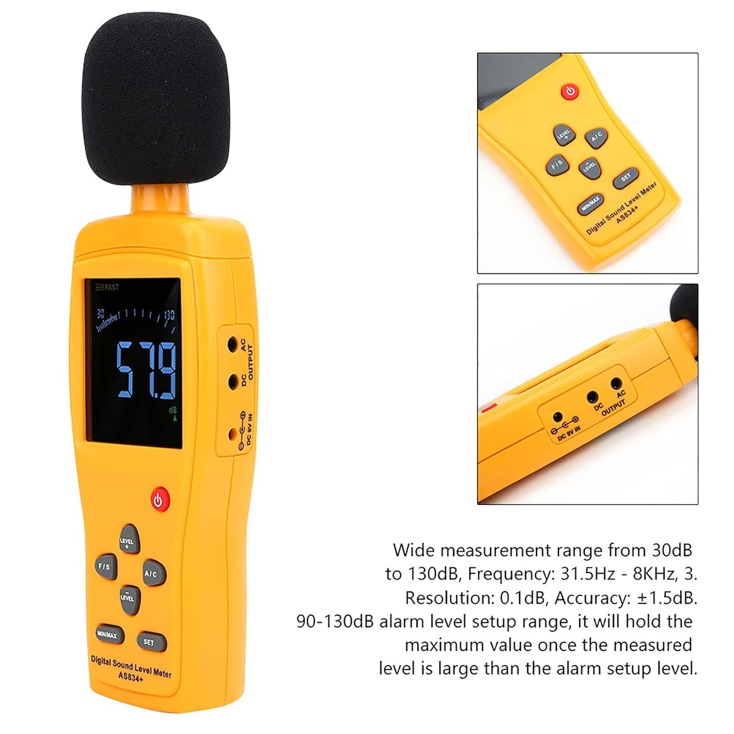 Smart Sensor AS834+ Decibel Meter Sound Level Meter Noise Detector with Large LCD Color Screen 30-130dB Range for Home Office Industrial Use
