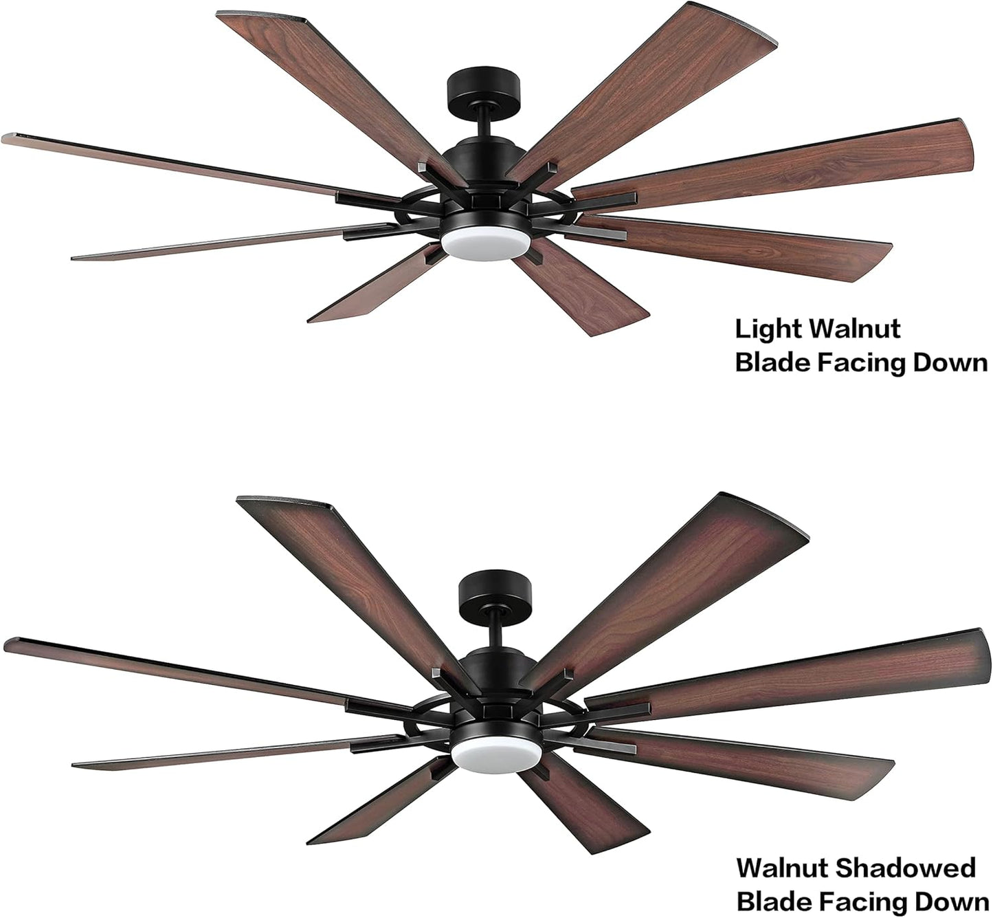 WINGBO 60" DC Ceiling Fan with Lights and Control, Matte Black Ceiling Fan with Walnut/Walnut Shadowed Reversible Blades, 6-Speed DC Motor, 8 Blade Wood Ceiling Fans for Kitchen Bedroom Living Room