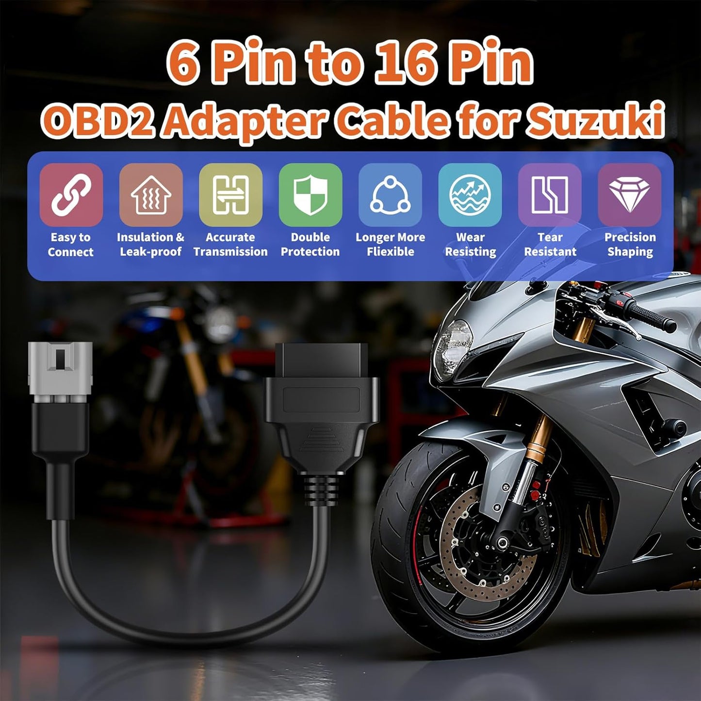 OBD2 Adapter Cable Fits for Suzuki Guzzi Kawasak and More Motorcycles, 6Pin to 16Pin OBD2 Diagnostic Adapter Cable Works with All OBDII Scanner
