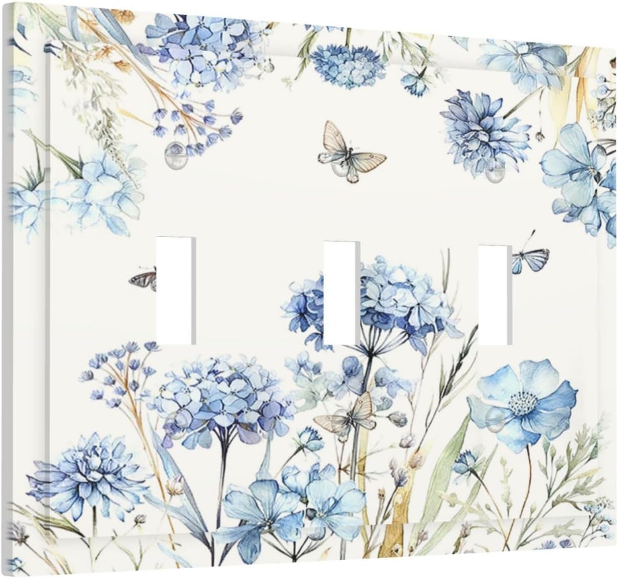 Decorative Switch Plates Blue Floral Hydrangea Plants 3 Gang Wall Plate Faceplate Triple Toggle Light Switch Cover Electrical Wall Panels for Bedroom Home Decor