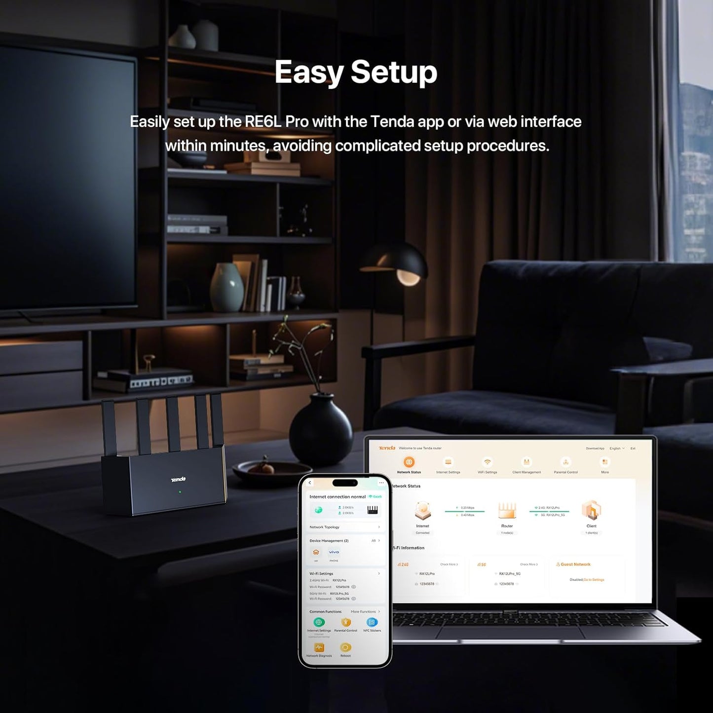 Tenda BE5100 Dual Band WiFi 7 Router (RE6L Pro) – 1x2.5G + 3x1G Ports, Easy Setup, Security Protect, Parental Control, Access Point Mode, Vertical Design, MLO, VPN, NFC