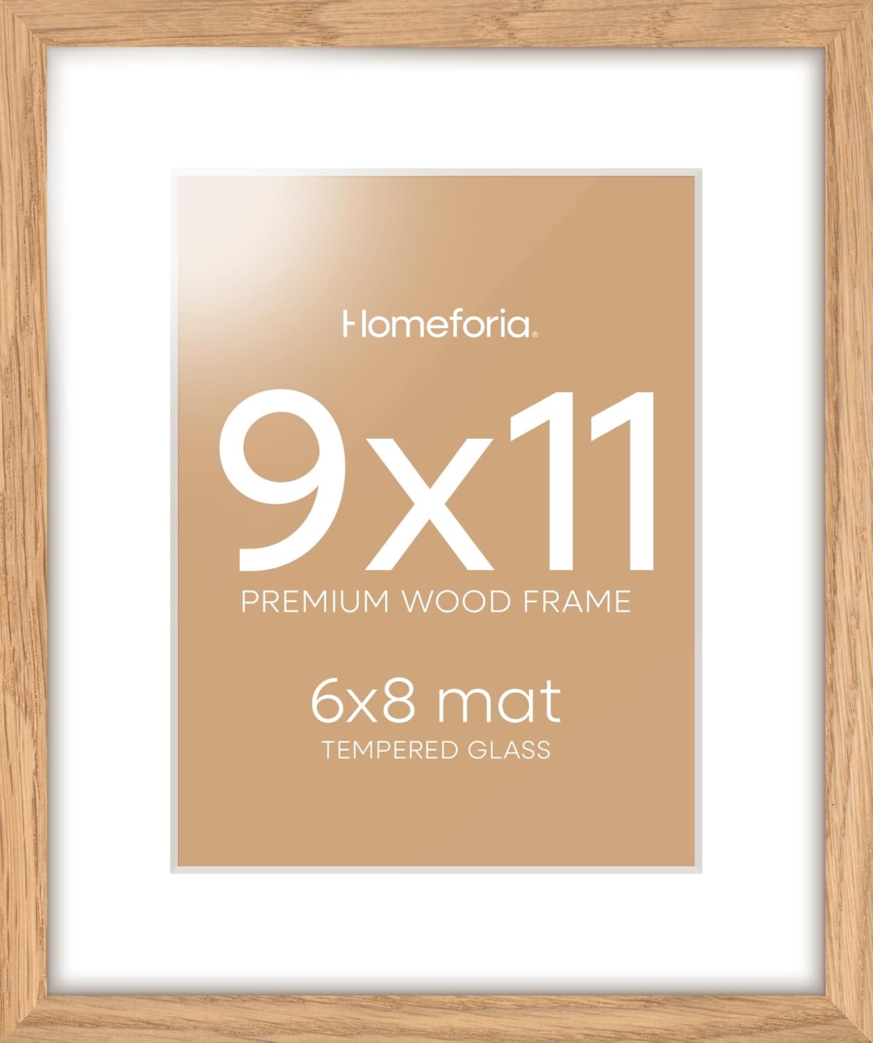 Homeforia 9x11 Picture Frame Wood, High End Natural Oak 9 x 11 Light Wooden Frames with Mat 6 by 8 in Photo, 9by11 Frame Matted to 6x8 Print, Wall or Tabletop Frame, Tempered Glass, Wall Kit, Set of 1