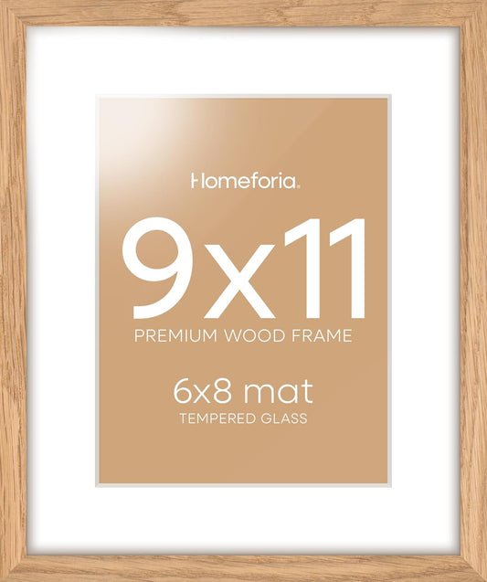 Homeforia 9x11 Picture Frame Wood, High End Natural Oak 9 x 11 Light Wooden Frames with Mat 6 by 8 in Photo, 9by11 Frame Matted to 6x8 Print, Wall or Tabletop Frame, Tempered Glass, Wall Kit, Set of 1