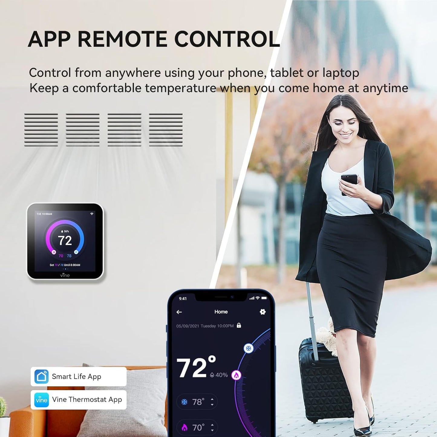 vine Programmable Thermostat for House with 4.0" Touch Screen, WiFi Smart Home Thermostat for AC and Heating, App/Voice Control, Valentine's Day Decorations, C-Wire Required, Grey