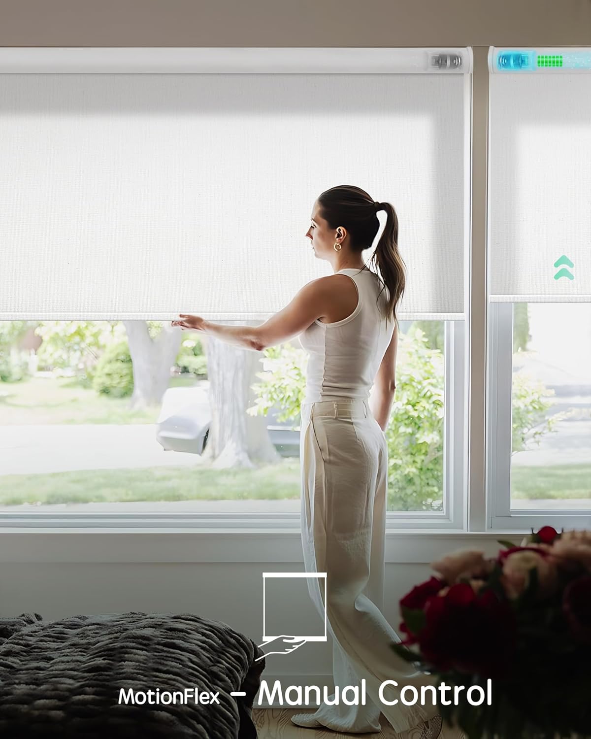 Yoolax Motorized Shades Dual Control, MotionFlex Motorized Roller Shades with App & Manual Control, Pull Down Automatic Shades for Indoor Windows, Custom Size(Light Filtering Pure White)