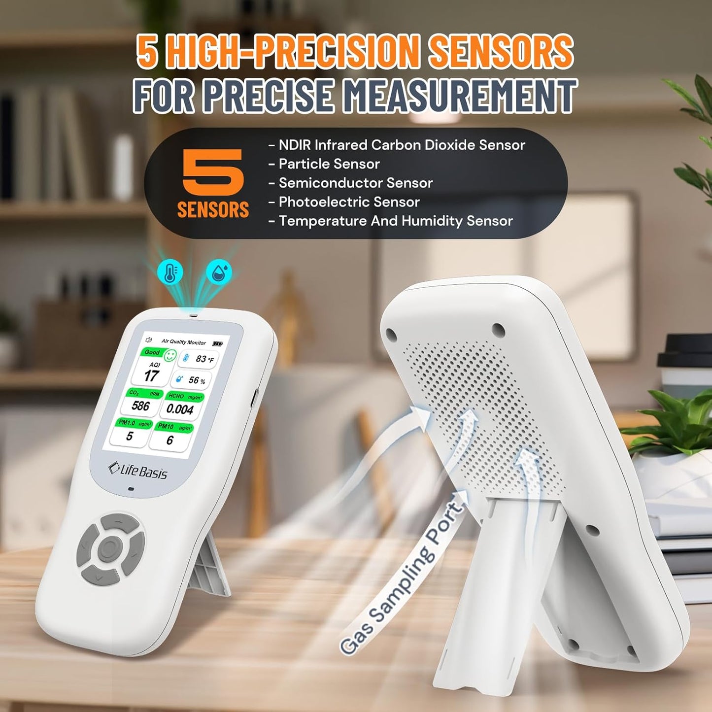 LifeBasis Air Quality Monitor Indoor, 10-in-1 Air Quality Detector with Stand, Real-Time Air Meter Test AQI, PM1.0, PM2.5, PM10, CO2, TVOC, HCHO, Particles, Temperature and Humidity with Alert -White