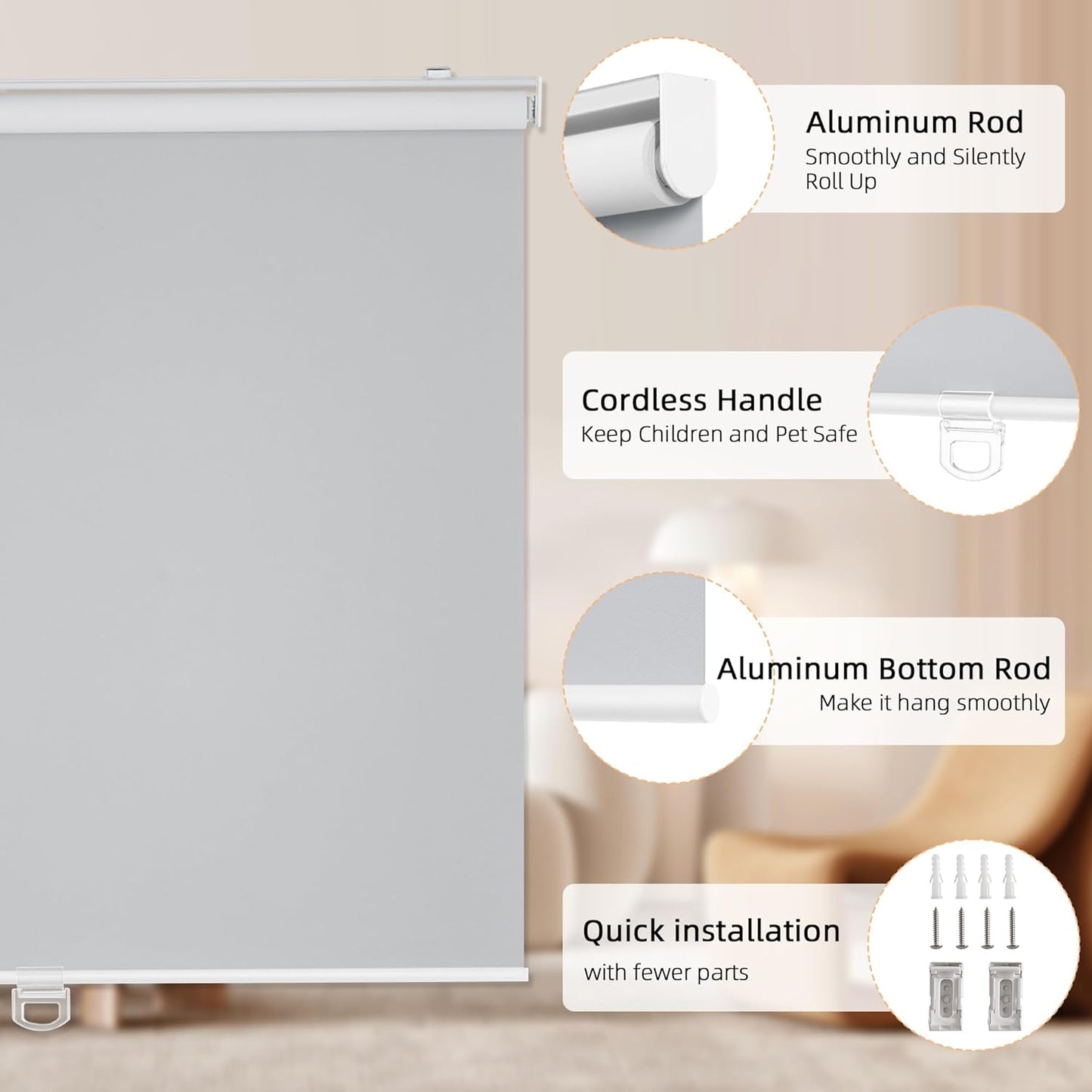 ChrisDowa Cordless Blackout Roller Shades for Windows, Thermal Insulated UV Protection Pull Down Shades, Total Blackout Window Blinds for Home, Office, Bedroom, Door (53" W x 72" H, Grey)