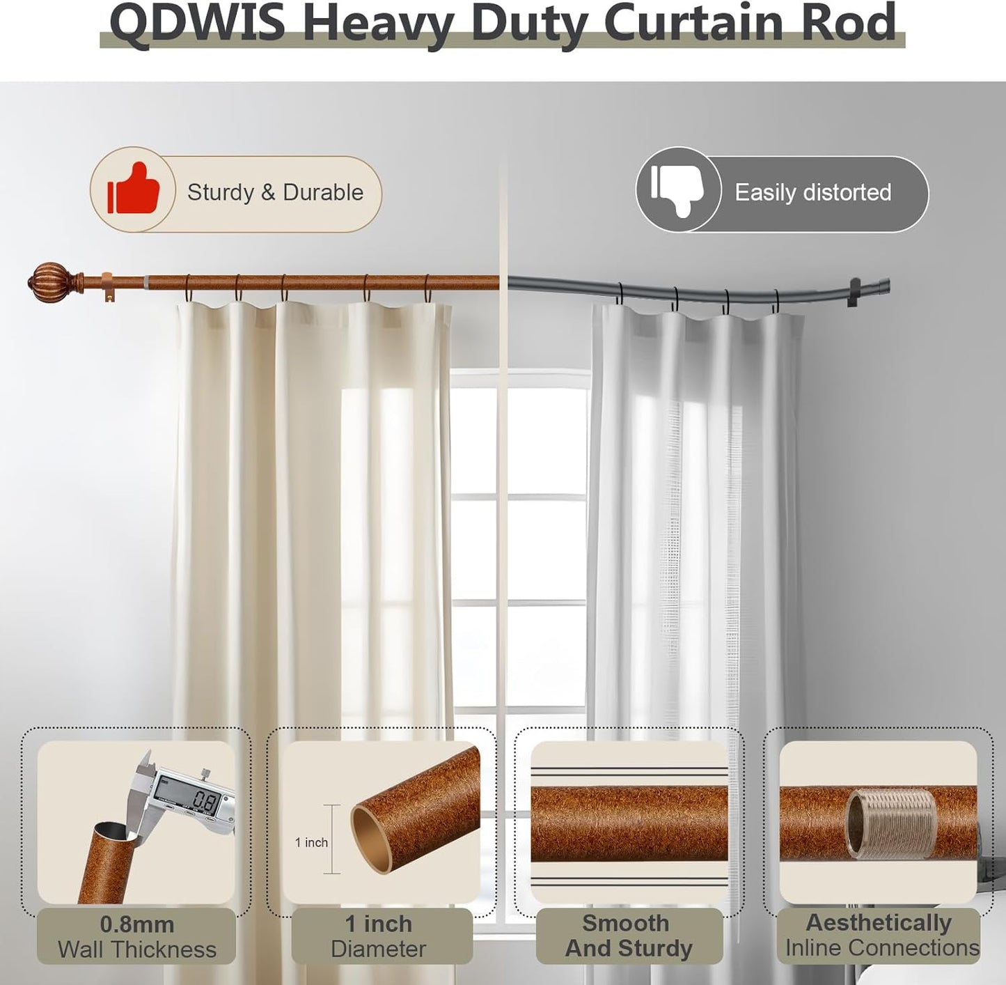 Dark Brown Wood Curtain Rods for Windows 48 to 84 Inch, 1'' Adjustable Heavy Duty Curtain Rod，Vintage Imitation Wood Decorative Drapery Rods with Pumpkin Finials for Bedroom Living Room