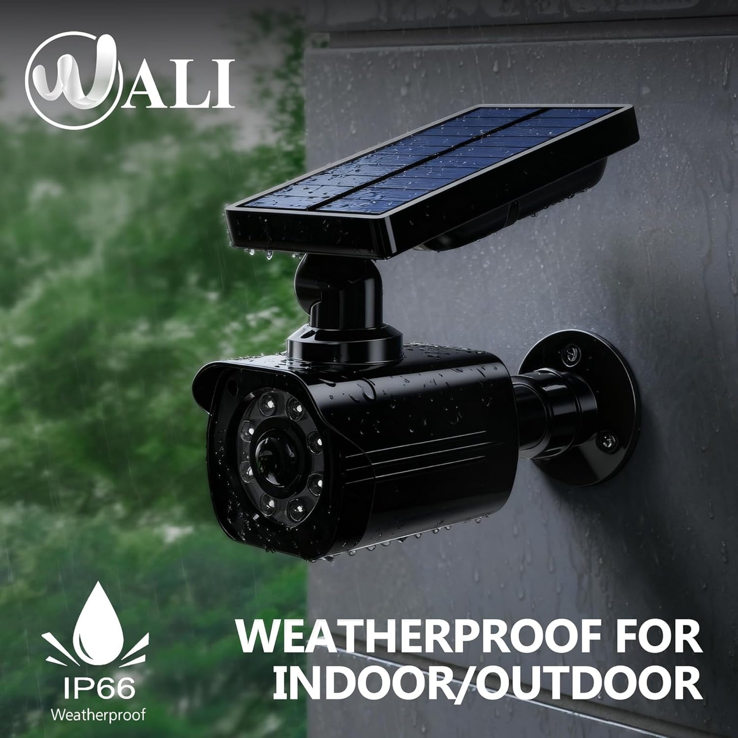WALI Dummy Fake Camera, Security Camera with Motion Sensor Flood Light, Simulated Surveillance Security CCTV Dome Camera Indoor Outdoor (TCB2-SOL), 2 Packs, Black-Solar