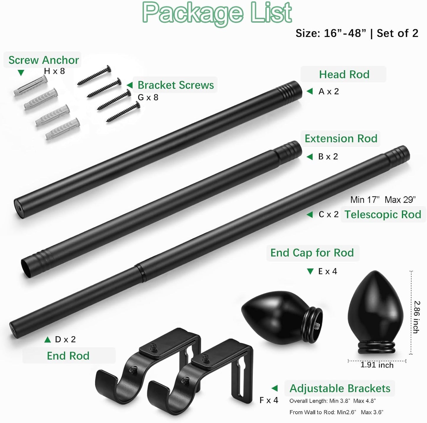 Curtain Rods for Windows 16 to 48 inches, Curtain Rod Max Adjustable Length to 60 in, Drapery Rod 1 inch Diameter with Modern Knobs Finials (Black, 16" to 48" - Set of 2)