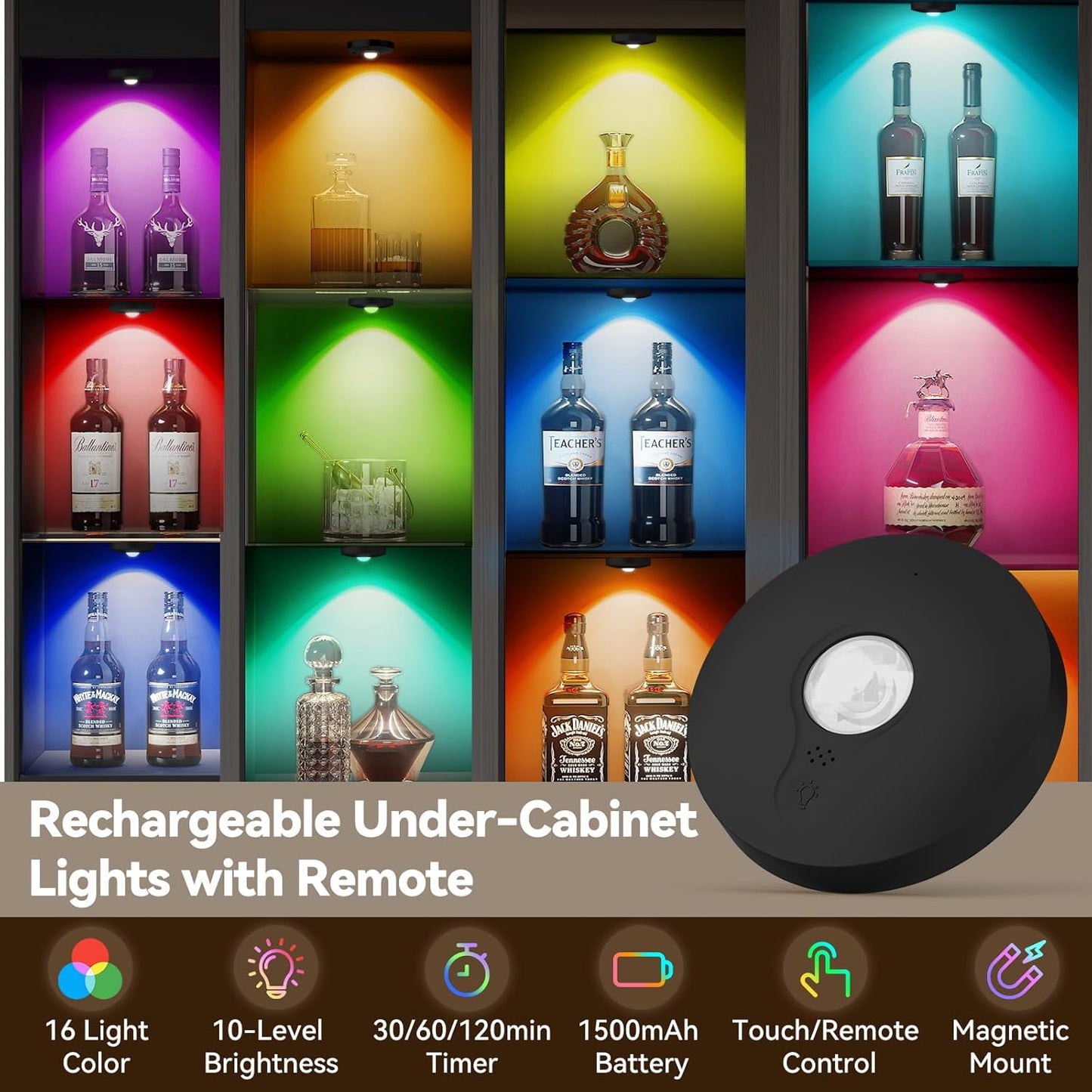 Rechargeable Puck Lights with Remote, 12 Pack Magnetic Under Cabinet Lighting, 1500mAh Battery Operated LED Tap Lights with Dimmer & Timmer for Kitchen, Closet, Shelf - 3 Color Temps & 12 RGB, Black