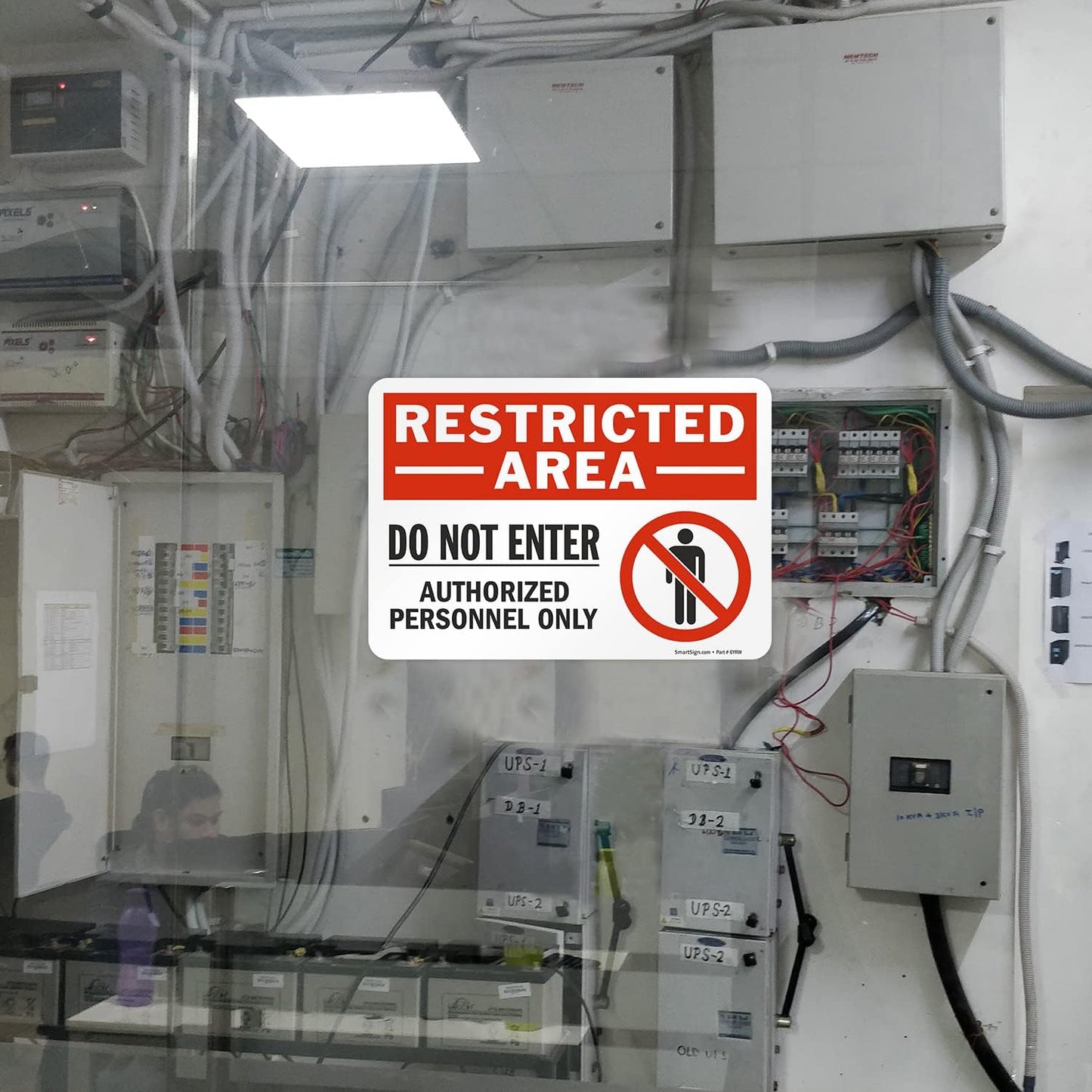 SmartSign 7 x 10 inch “Restricted Area - Do Not Enter, Authorized Personnel Only” Sticker Label with Symbol, 3 mil Laminated Adhesive Polyester, Red, White and Black, Made in USA