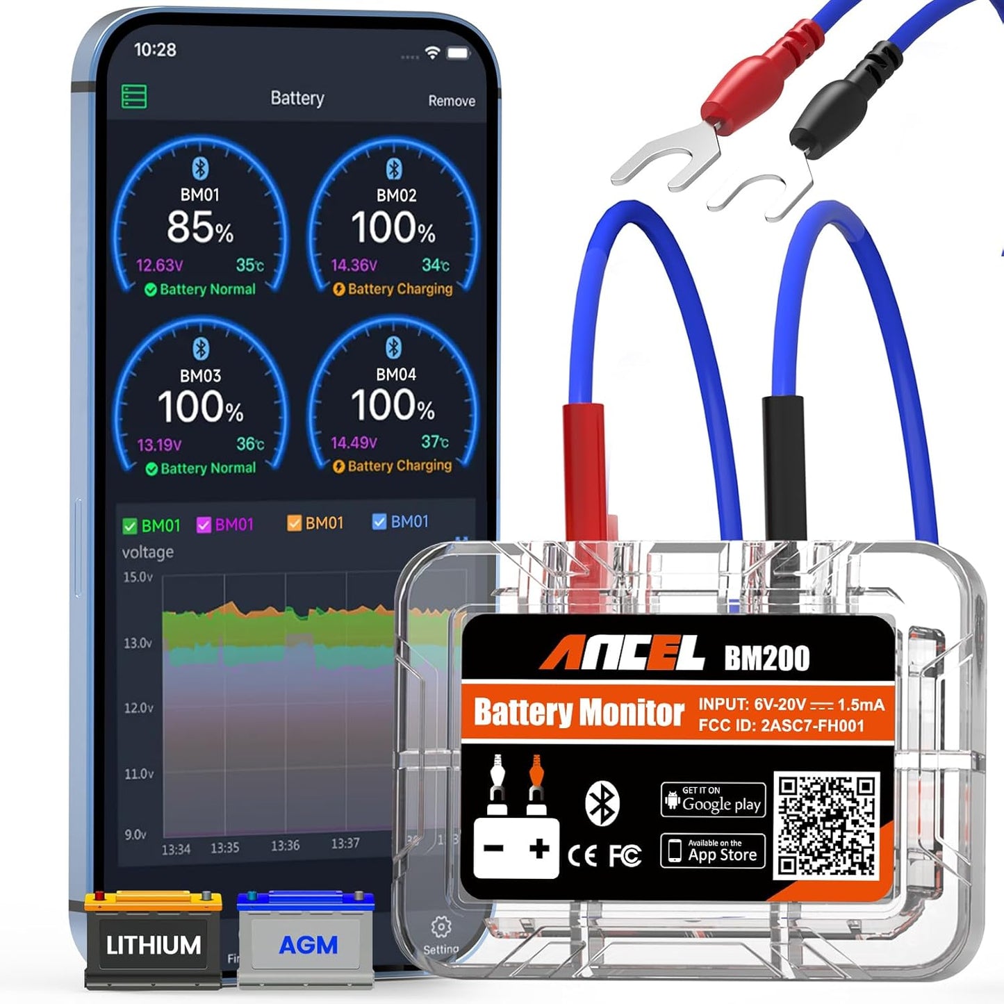 ANCEL BM200-US Car Battery Tester 12V Automotive Battery Monitor Bluetooth Auto Battery Load Tester with Cranking Charging Test Alarm Record Voltage History Voltmeter for Car/RV/Motorcycle/Truck/Boat