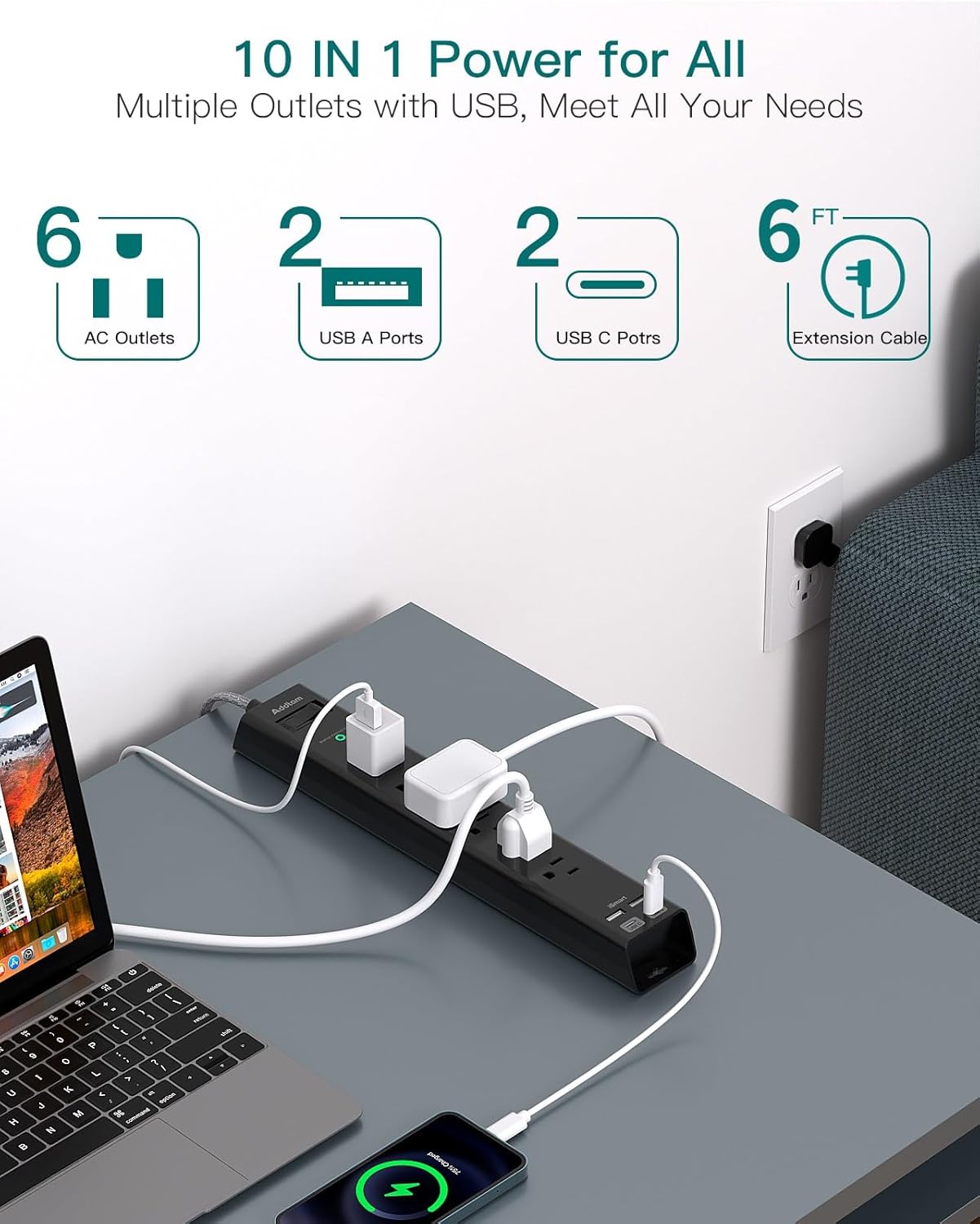 Flat Plug Extension Cord, 6Ft Surge Protector Power Strip - Multi Outlet Extender with 6 AC Outlets 4 USB (2 USB-C) Ports, 900J, Desktop Charging Station for Office College Dorm Room Essentials