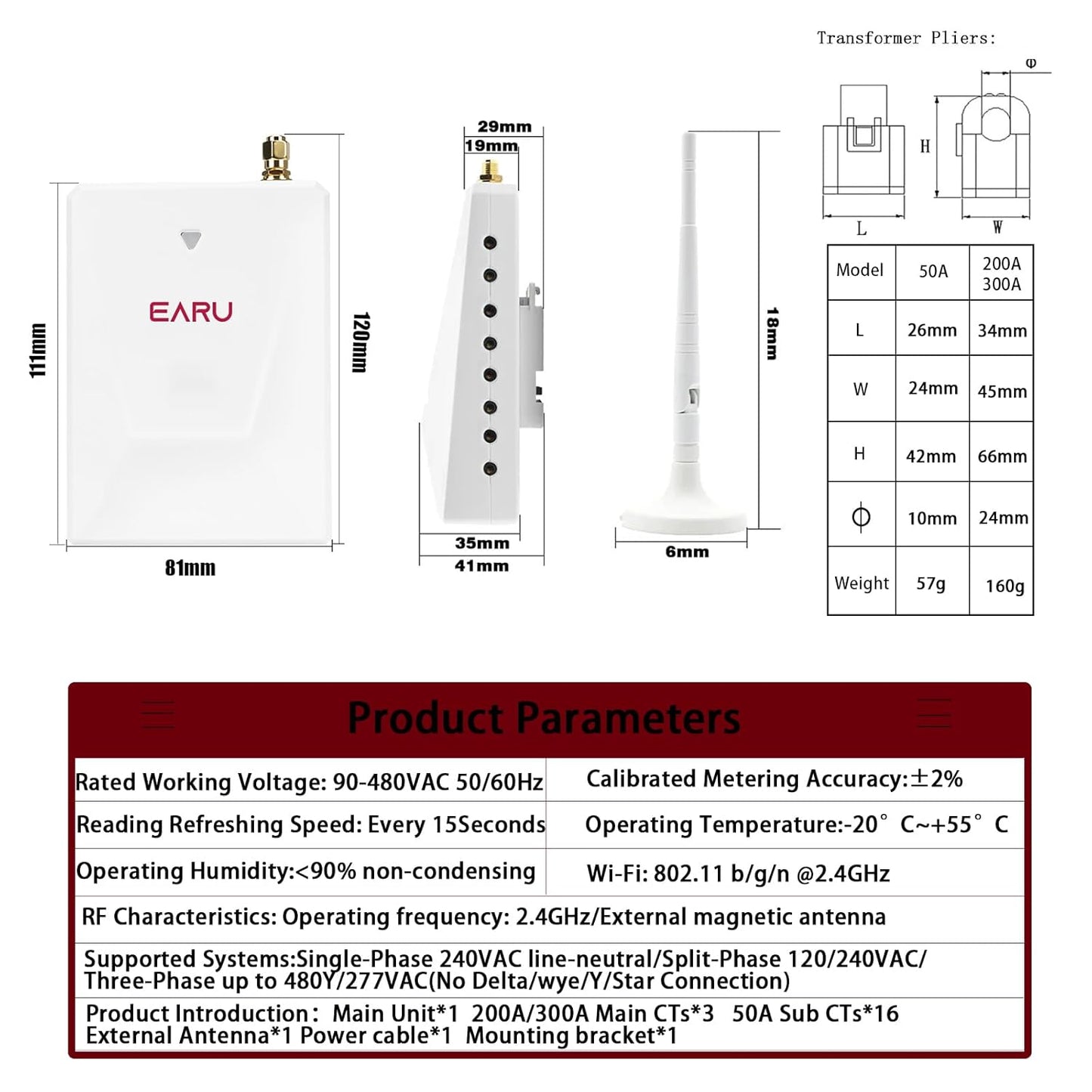 Smart Home Energy Monitor with 16 50A and 3-300A Circuit Level Sensors Real-Time Accurate Power Energy Consumption Tracking WiFi Meter SolarNet Metering2.4 GHz WiFi